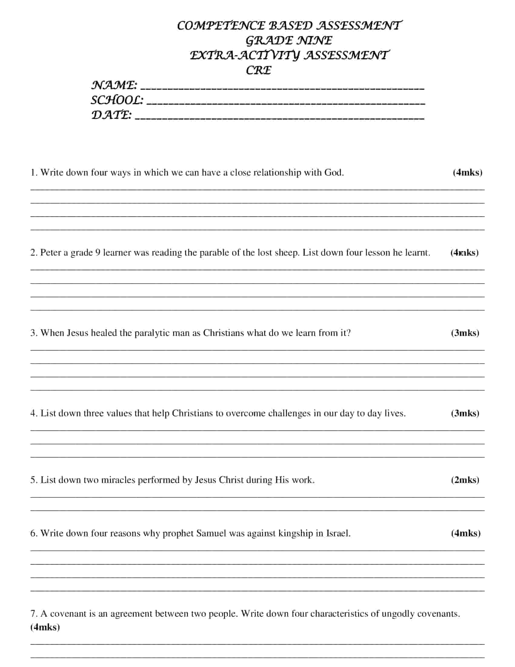 Download Grade 9 Extra-Activity Assessment CRE
