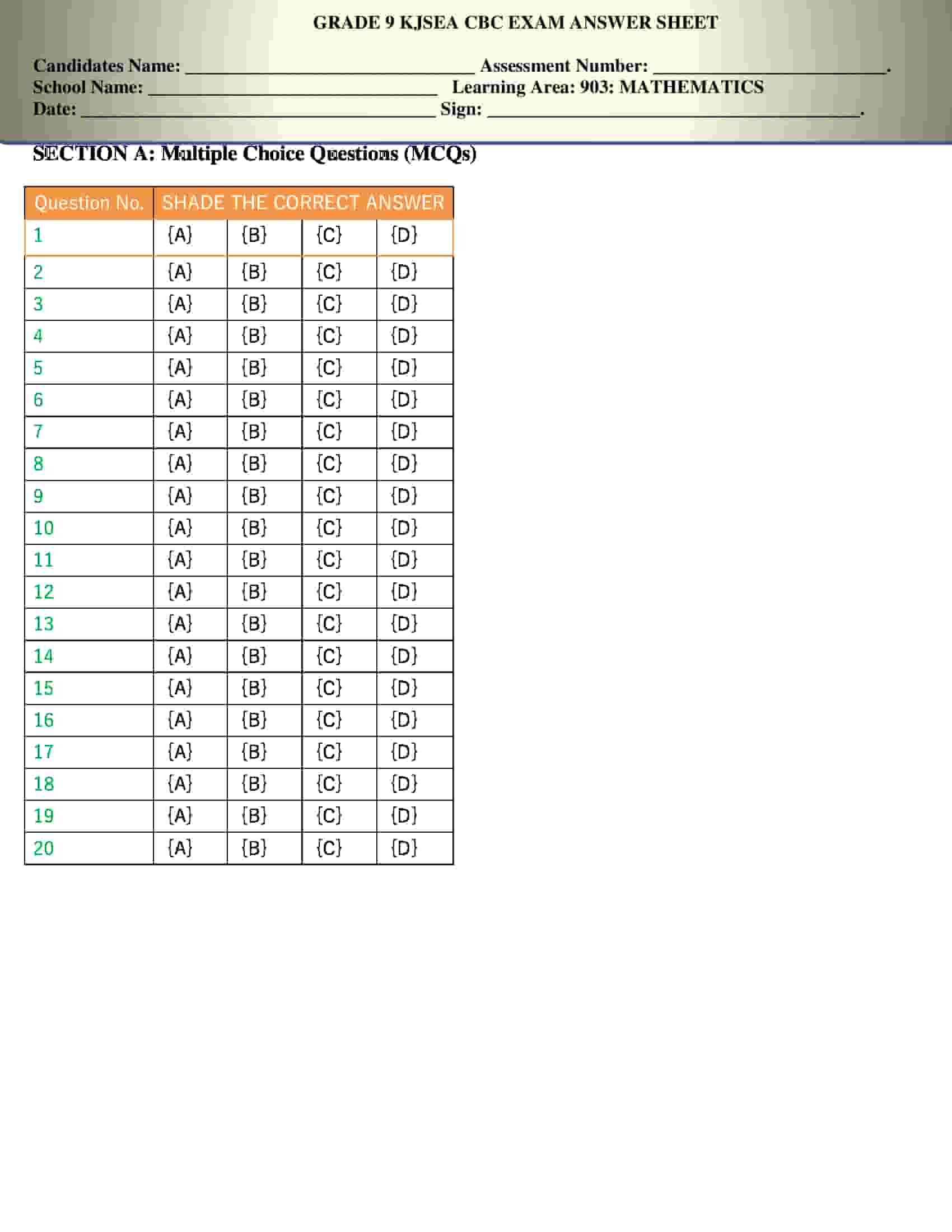 Grade 9 KJSEA CBC Exam MCQ Answer Sheet