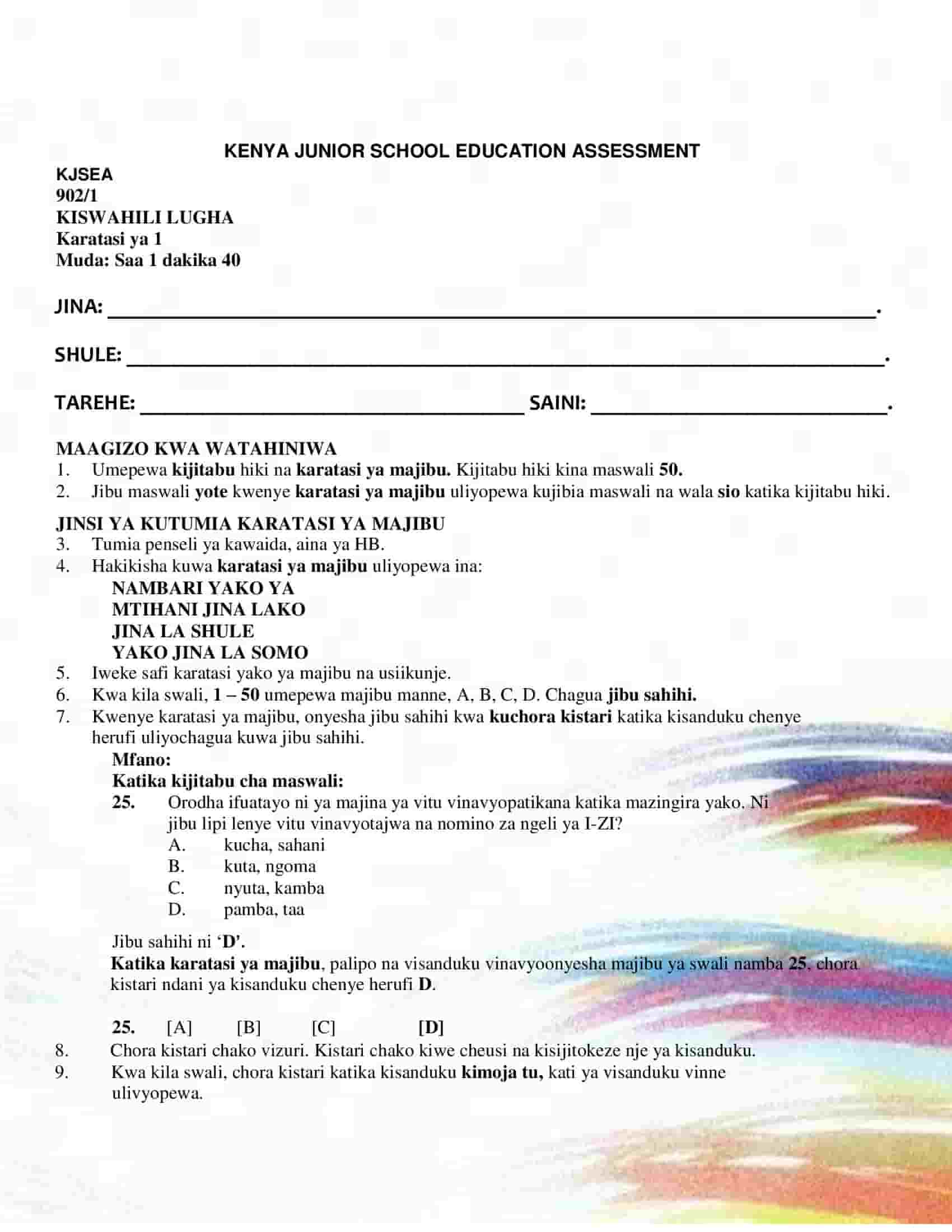 Grade 9 Kiswahili Lugha Paper 1