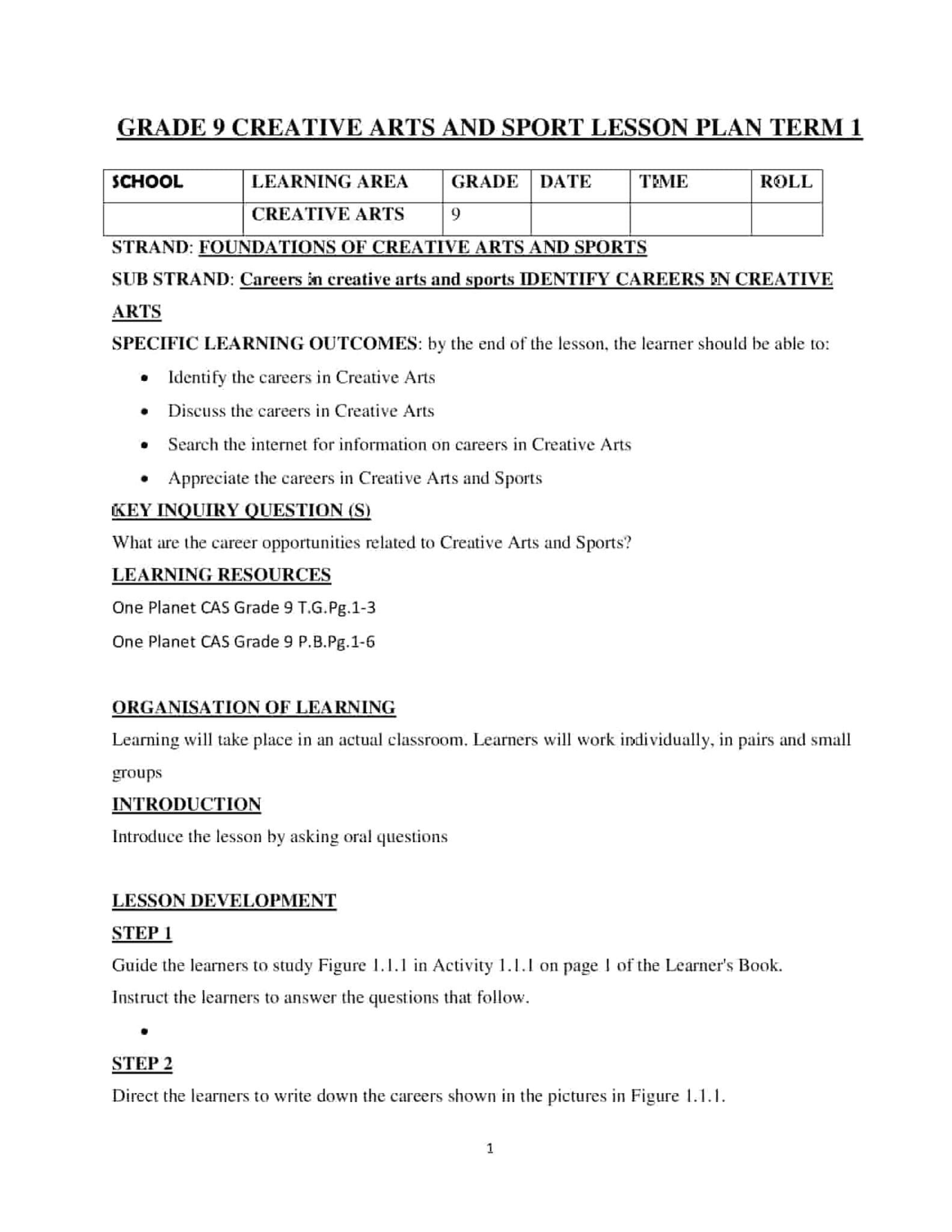 Grade 9 Creative Arts Lesson Plan Term 1 – One Planet CAS - Elimplex