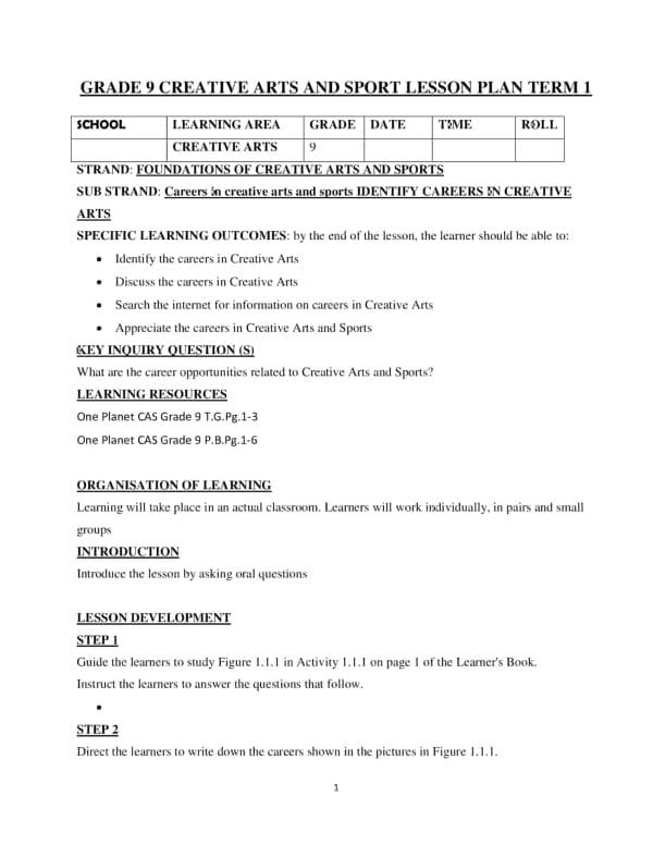 Grade 9 Creative Arts Lesson Plan Term 1 – One Planet CAS.