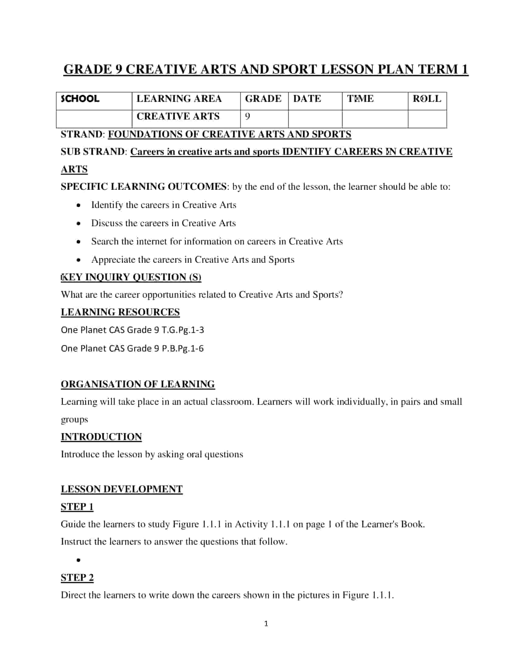 Grade 9 Creative Arts Lesson Plan Term 1 – One Planet CAS.