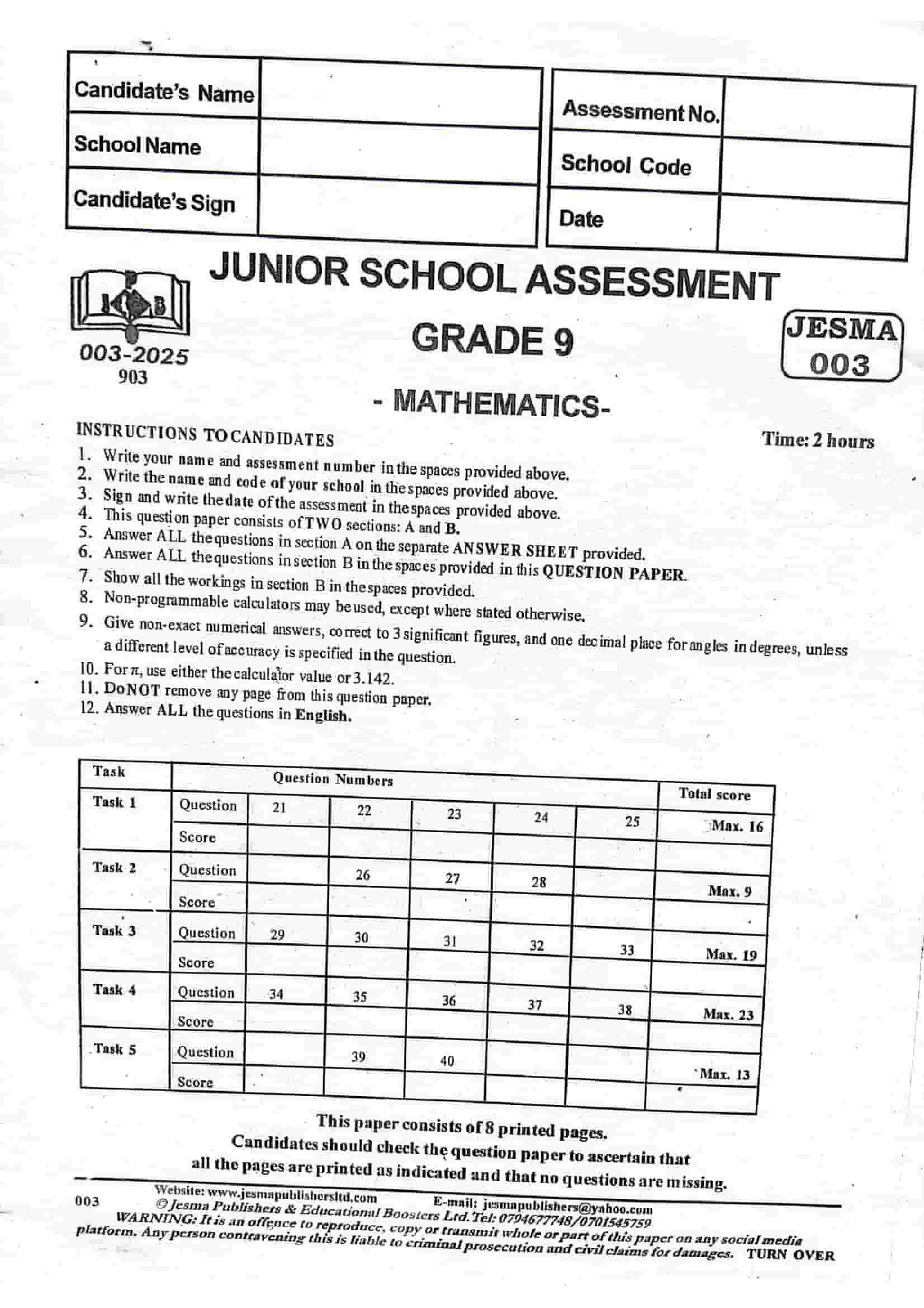 Get Grade 9 MATHS Exam Set 4
