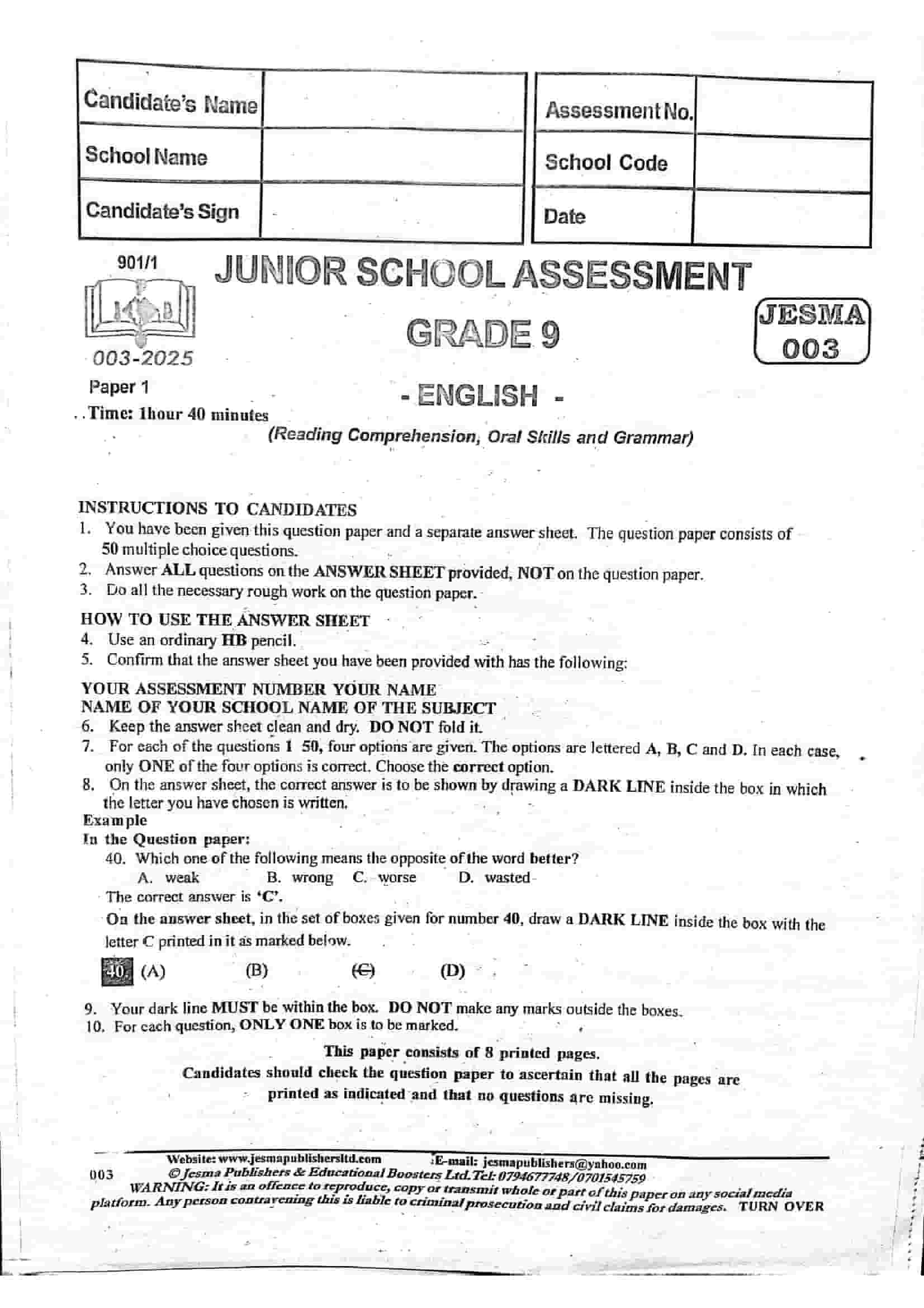 Grade 9 English Exam Paper 1 Set 4