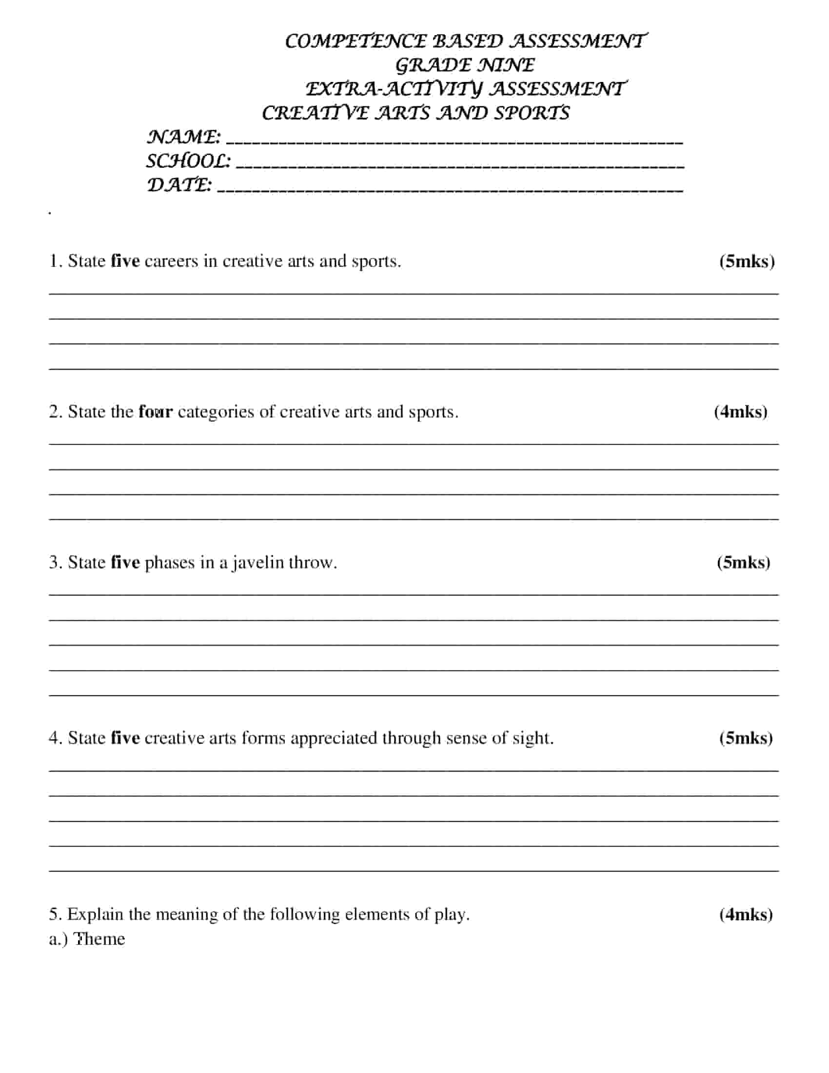 Download Grade 9 Extra-Activity Assessment Creative Arts and Sports