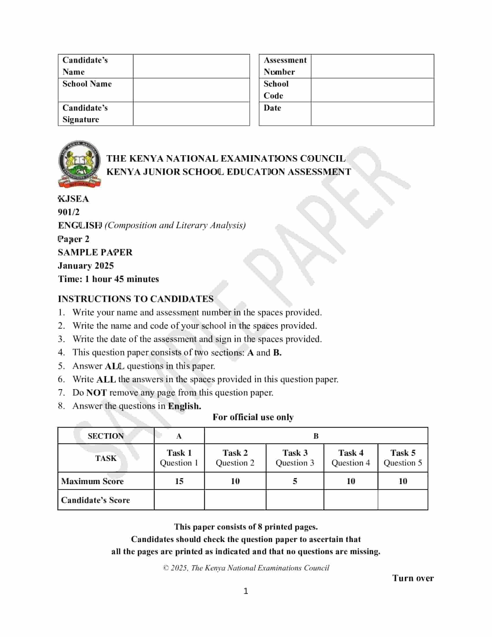 Grade 9 English (Composition and Literary Analysis) Paper 2