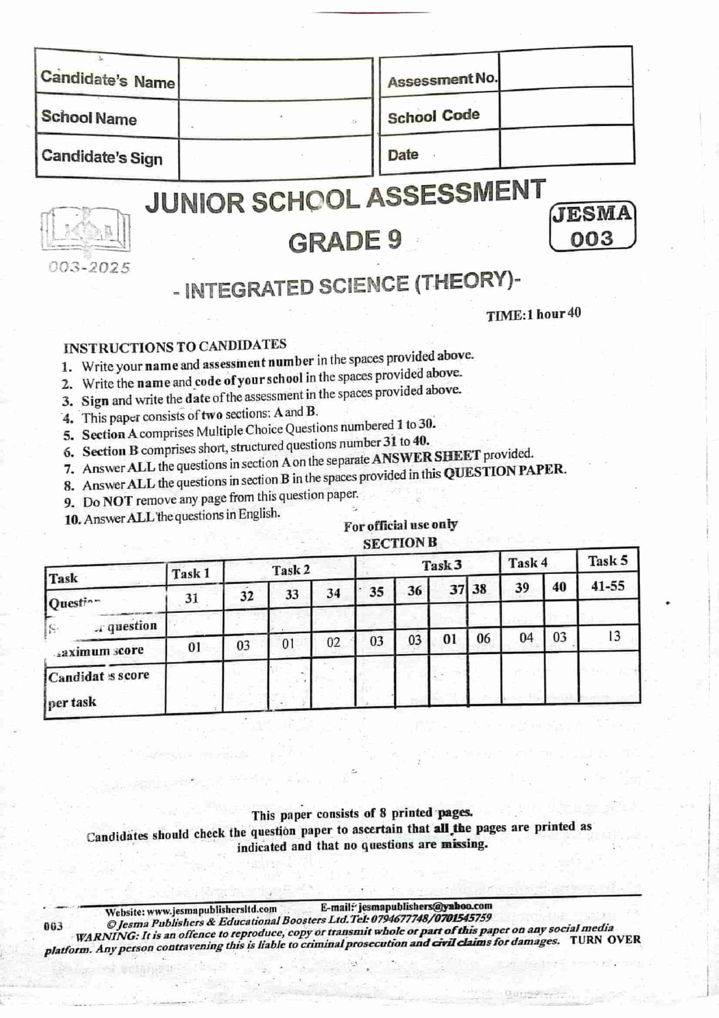 Grade 9 Integrated Science Paper 1 Exam Set 4 - Elimplex