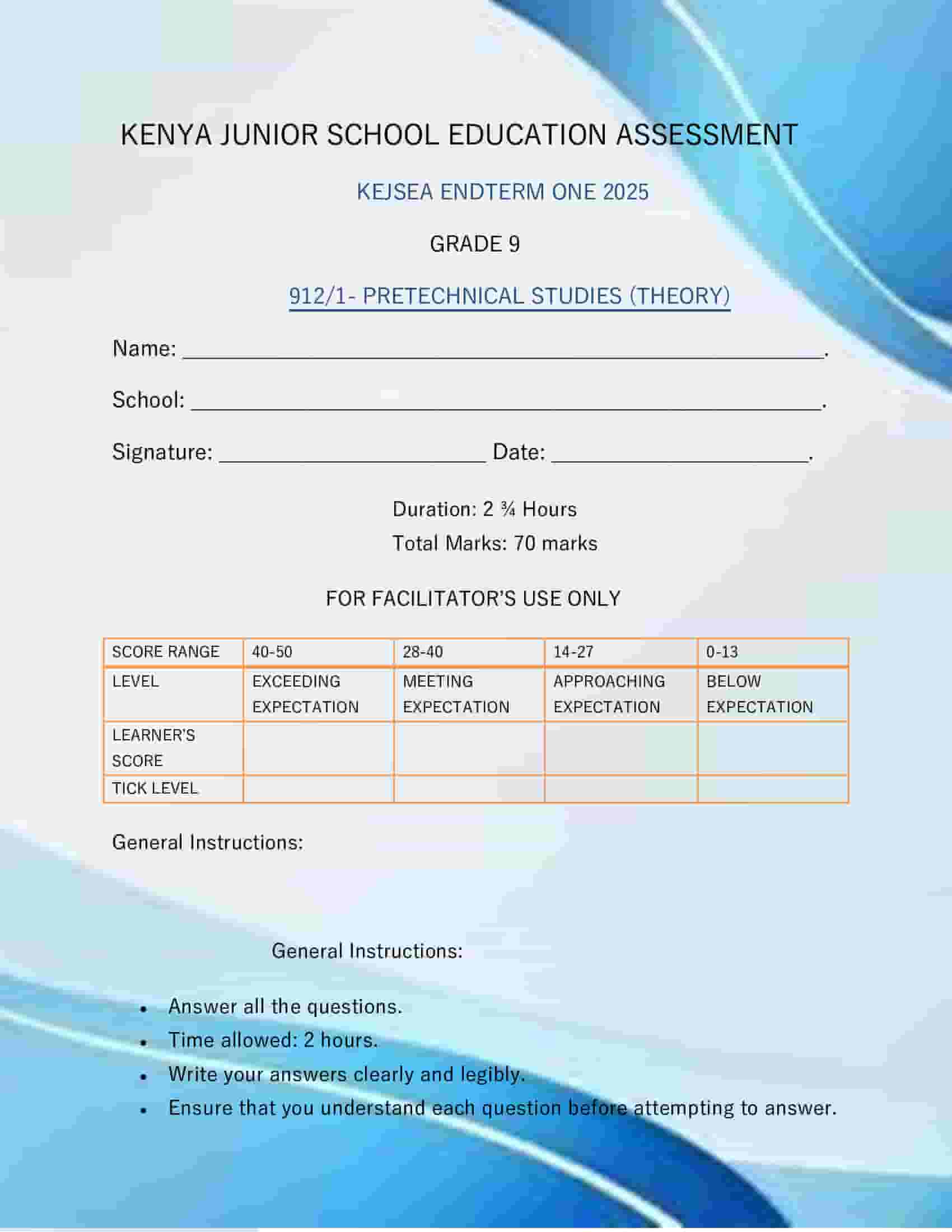 Get Grade 9 Pretechnical Studies Theory KEJSEA Endterm 1 Exam Set 5