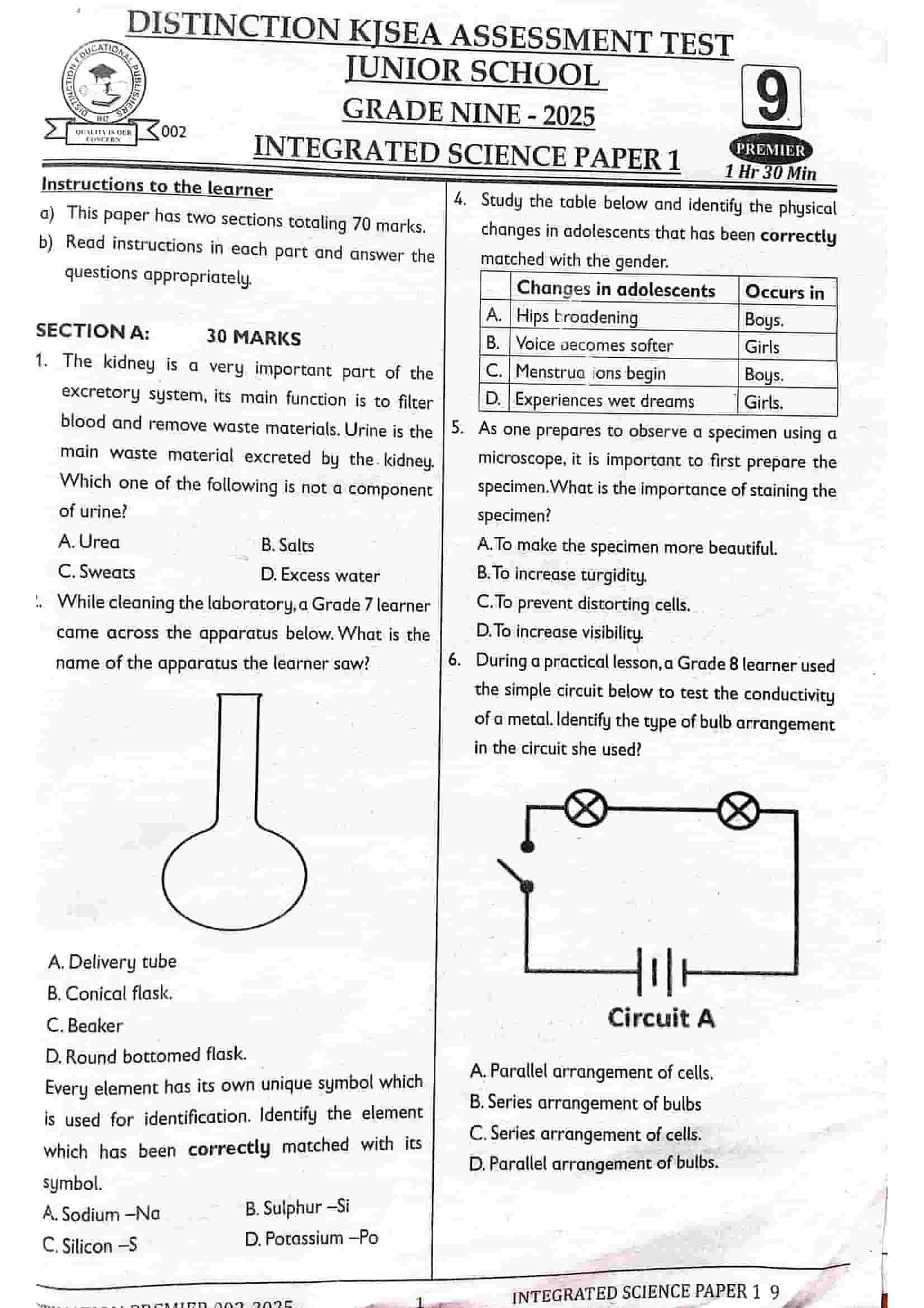 Grade 9 Integrated Science Paper 1 Exam Set 6