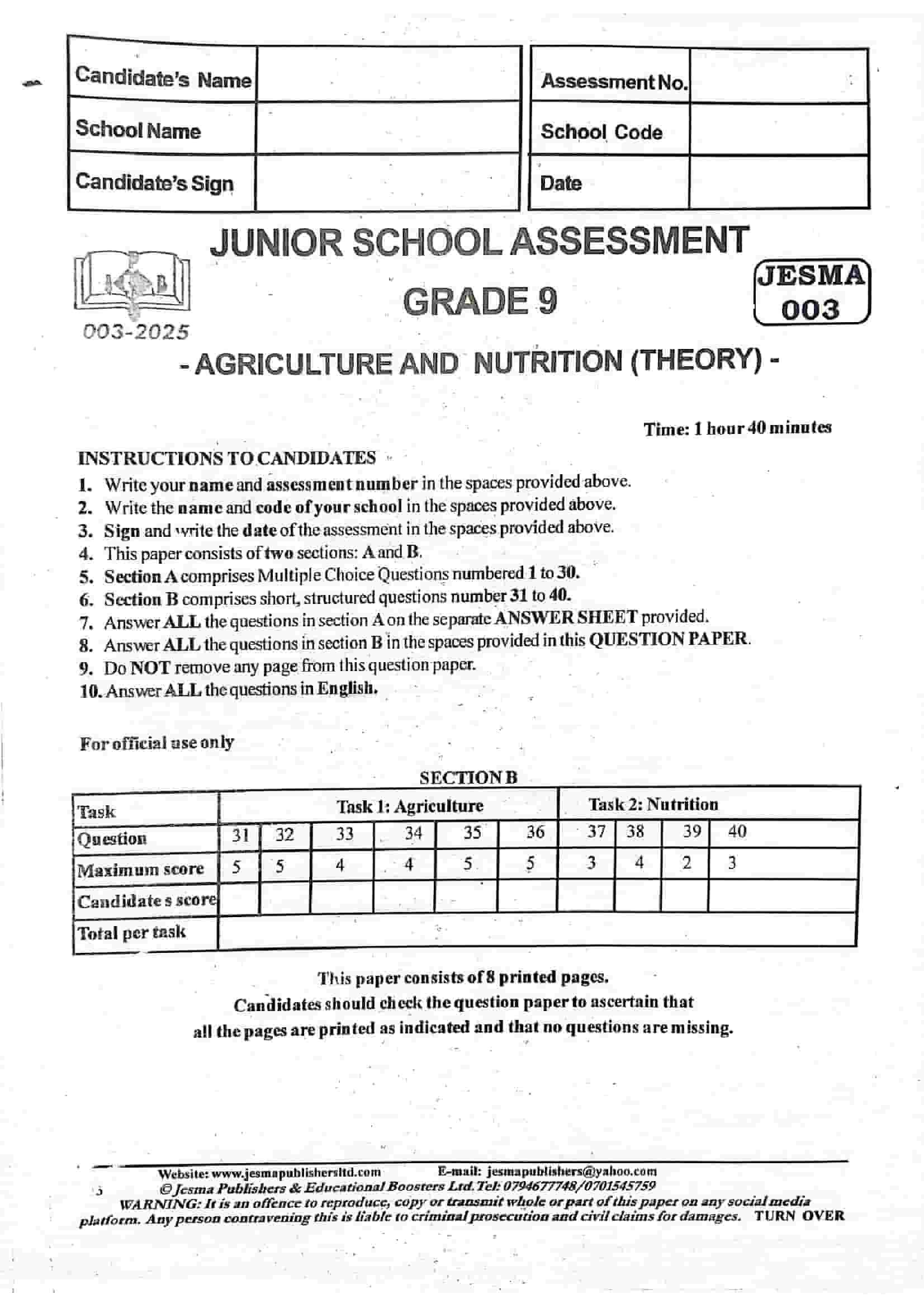 Grade 9 Agriculture and Nutrition (Theory) Paper 1 Exam Set 4