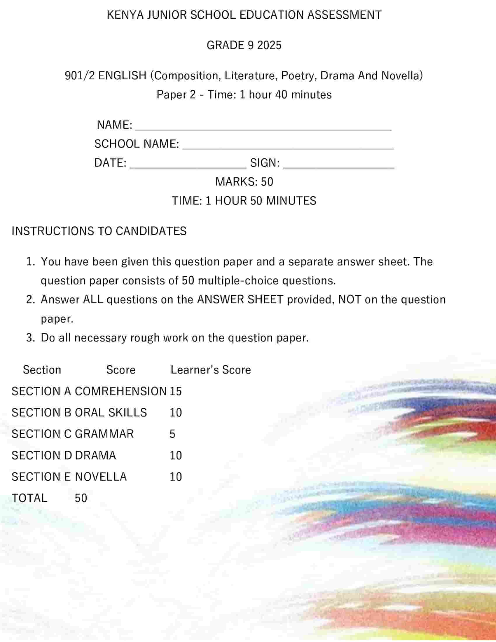 Grade 9 English (Composition, Literature, Poetry, Drama and Novella) Paper 1