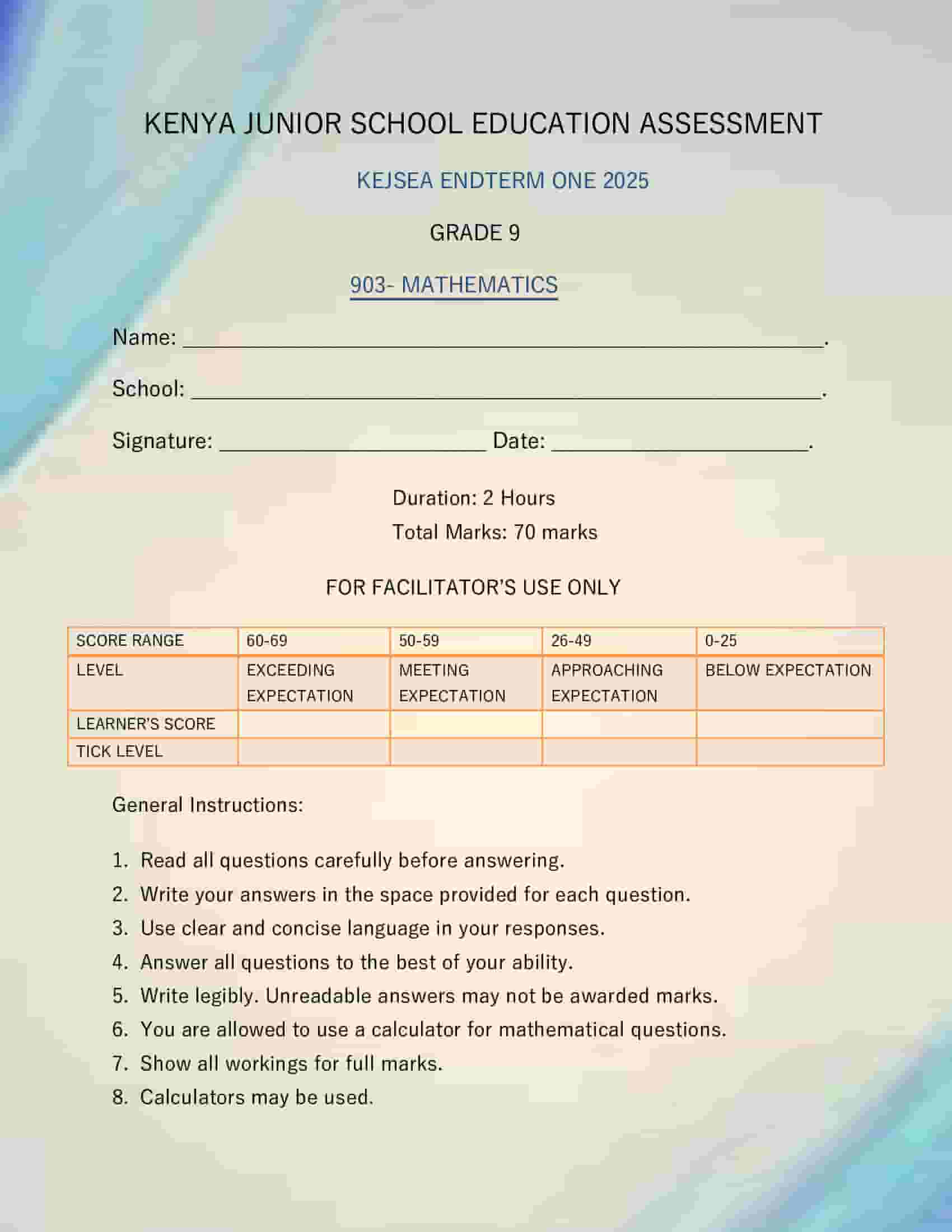 Grade 9 Mathematics KEJSEA End Term 1 Exam Set 3