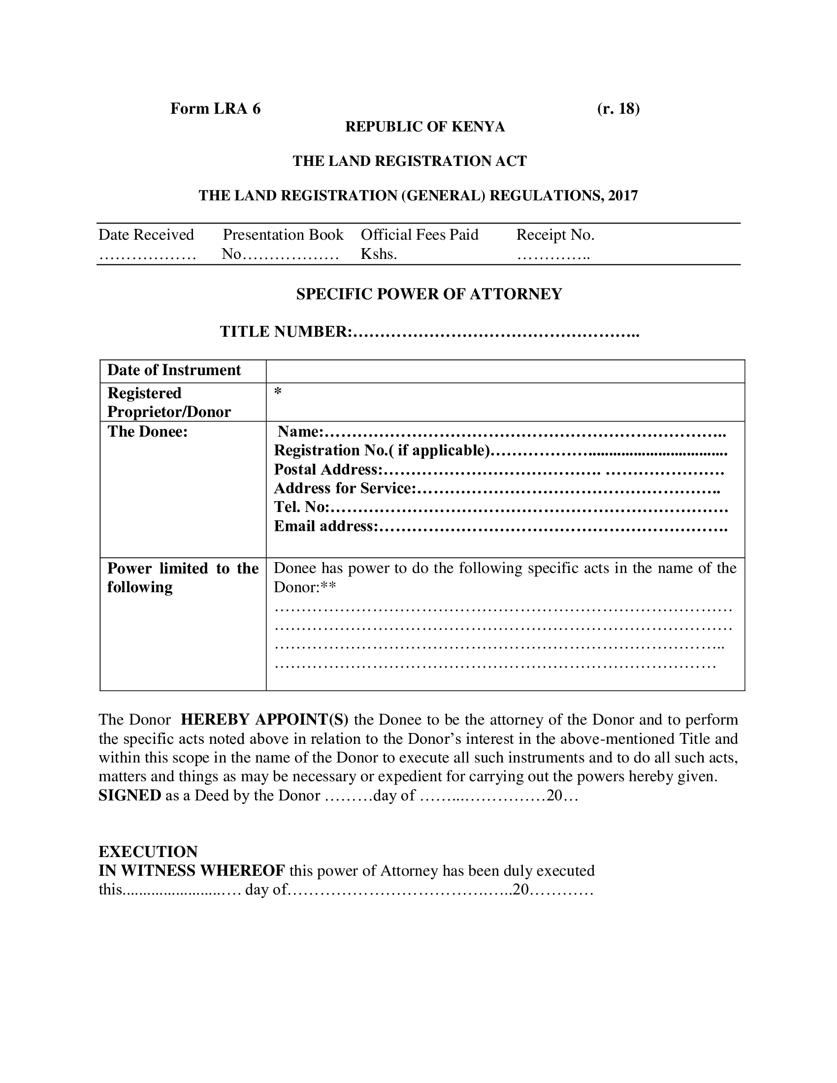 Form LRA 6 – Specific Power of Attorney