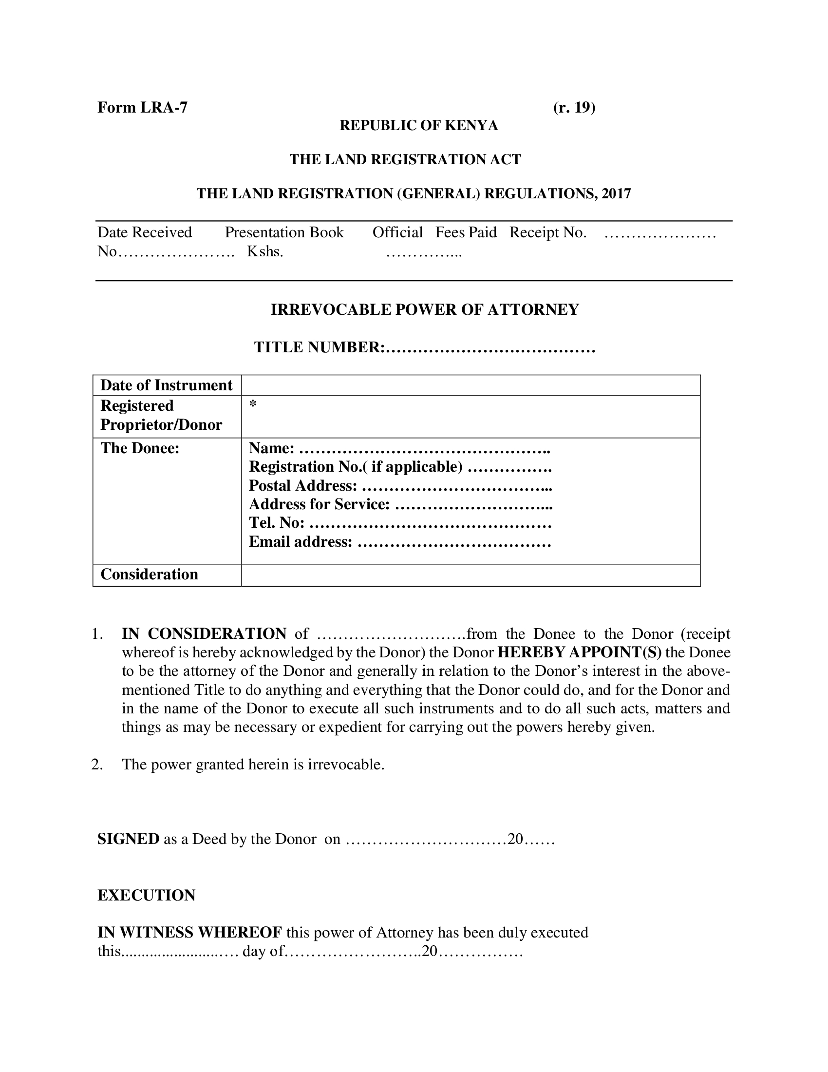 Form LRA 7 – Irrevocable Power of Attorney