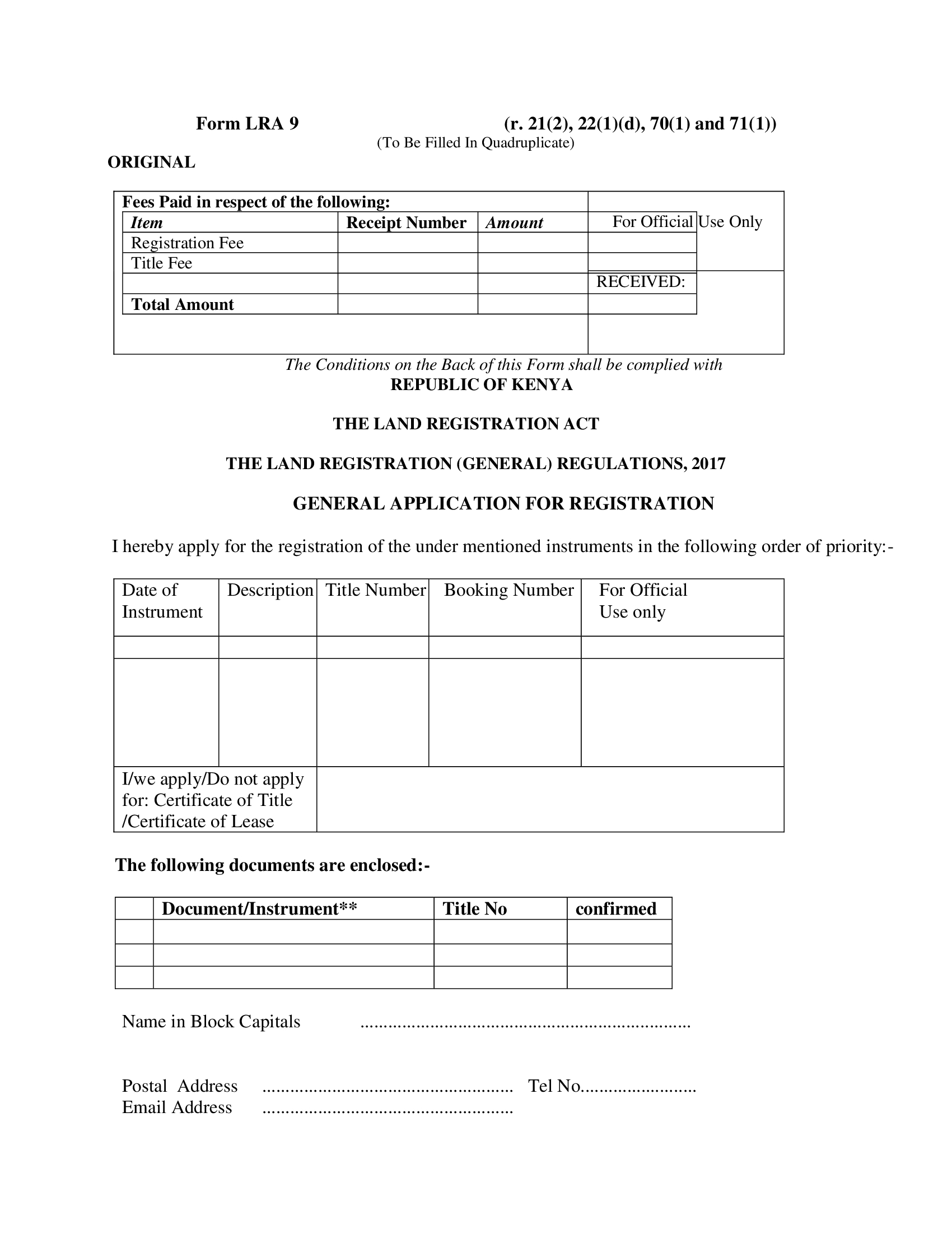 Form LRA 9 – Registration of Instruments
