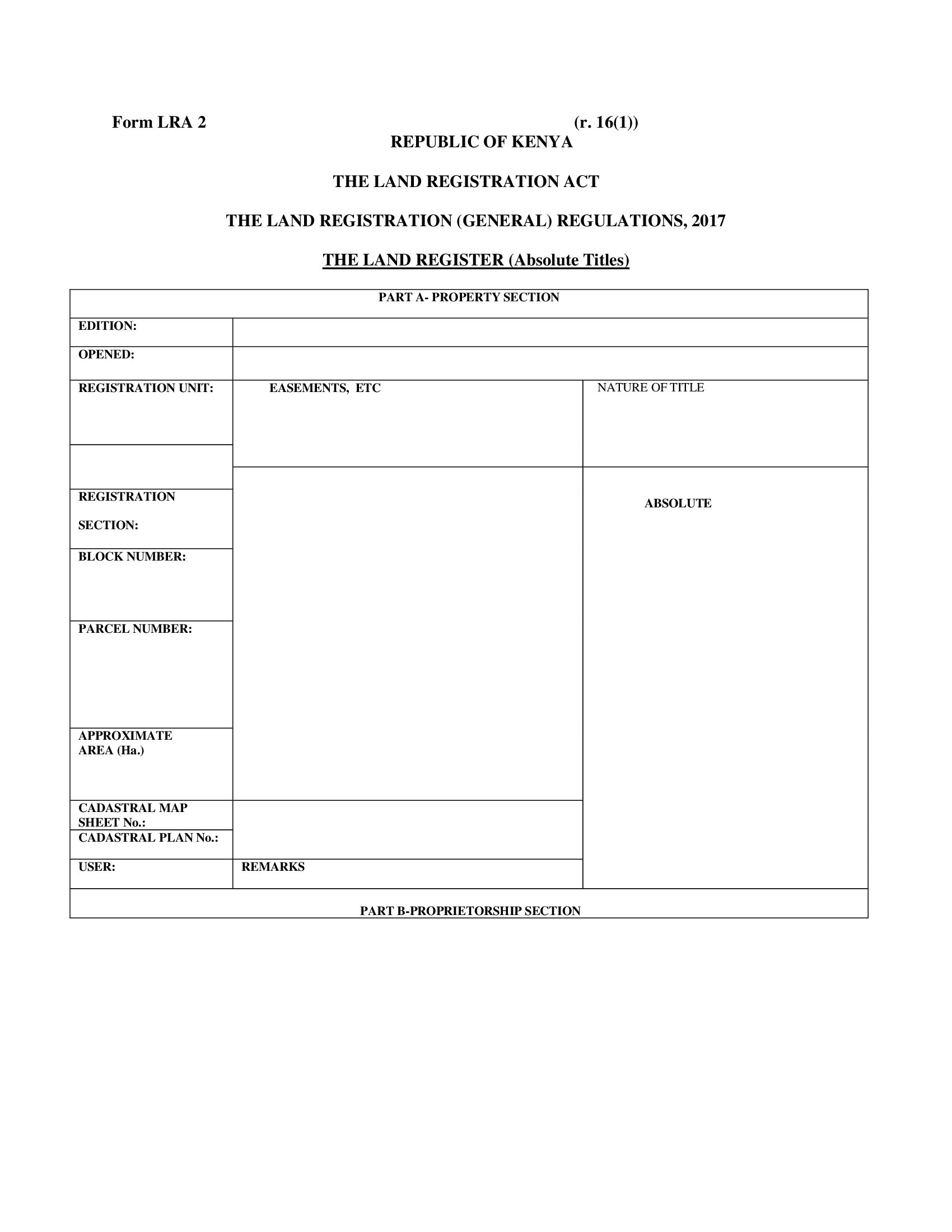 Form LRA 2 – Application for Registration (Absolute Title)