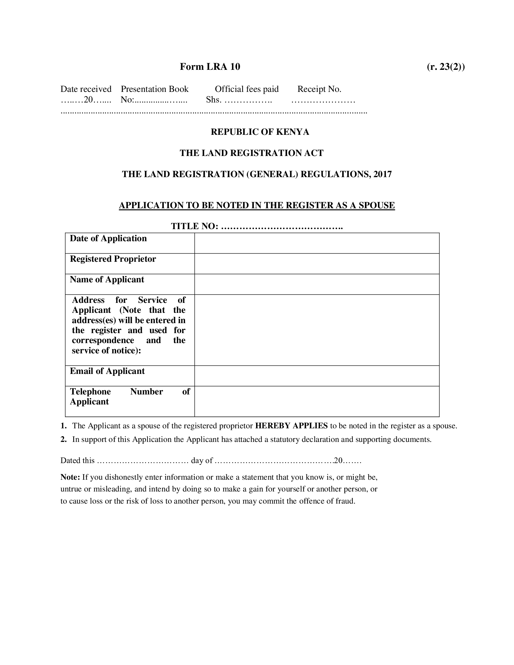 Form LRA 10 – Application to Be Noted in the Register as a Spouse