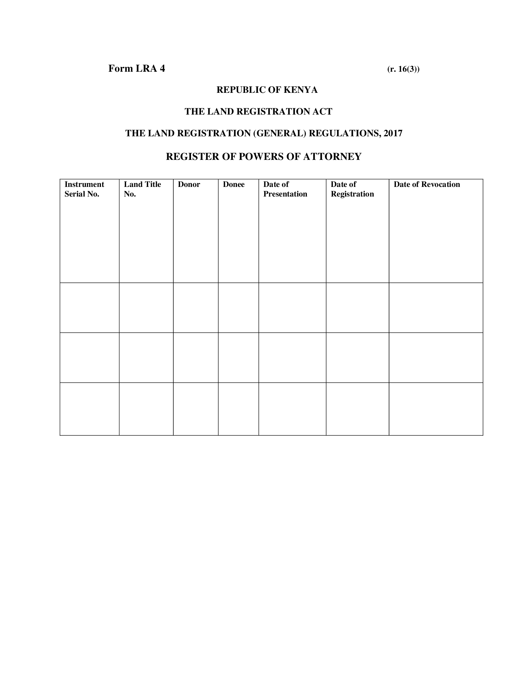 Form LRA 4 – Register of Powers of Attorney