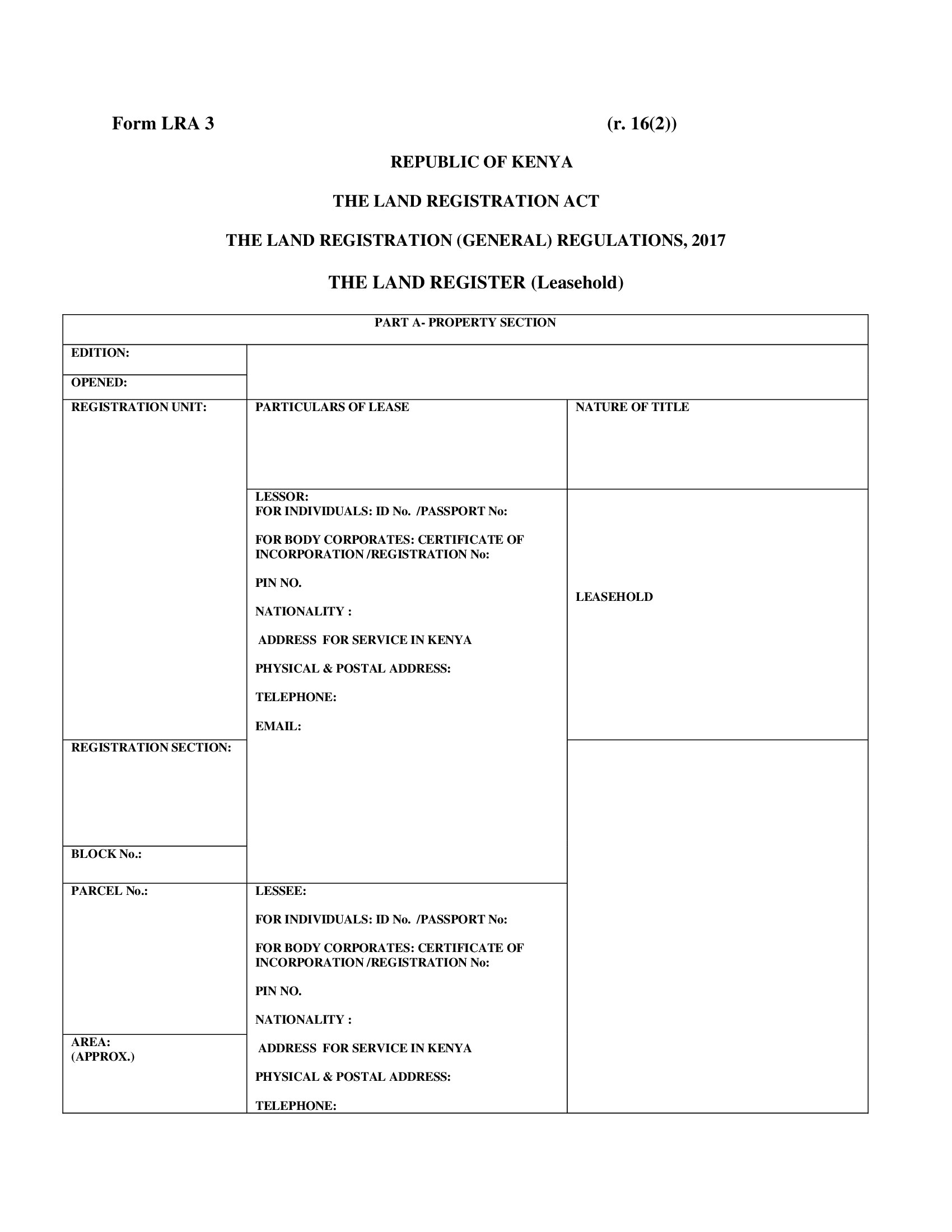 Form LRA 3 – The Land Register (Leasehold)