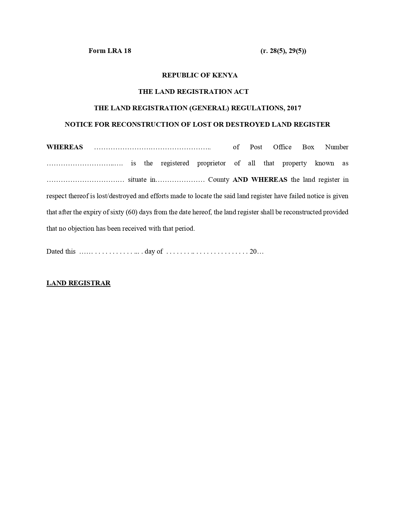 Form LRA 18 – Notice for Reconstruction of Lost or Destroyed Land Register