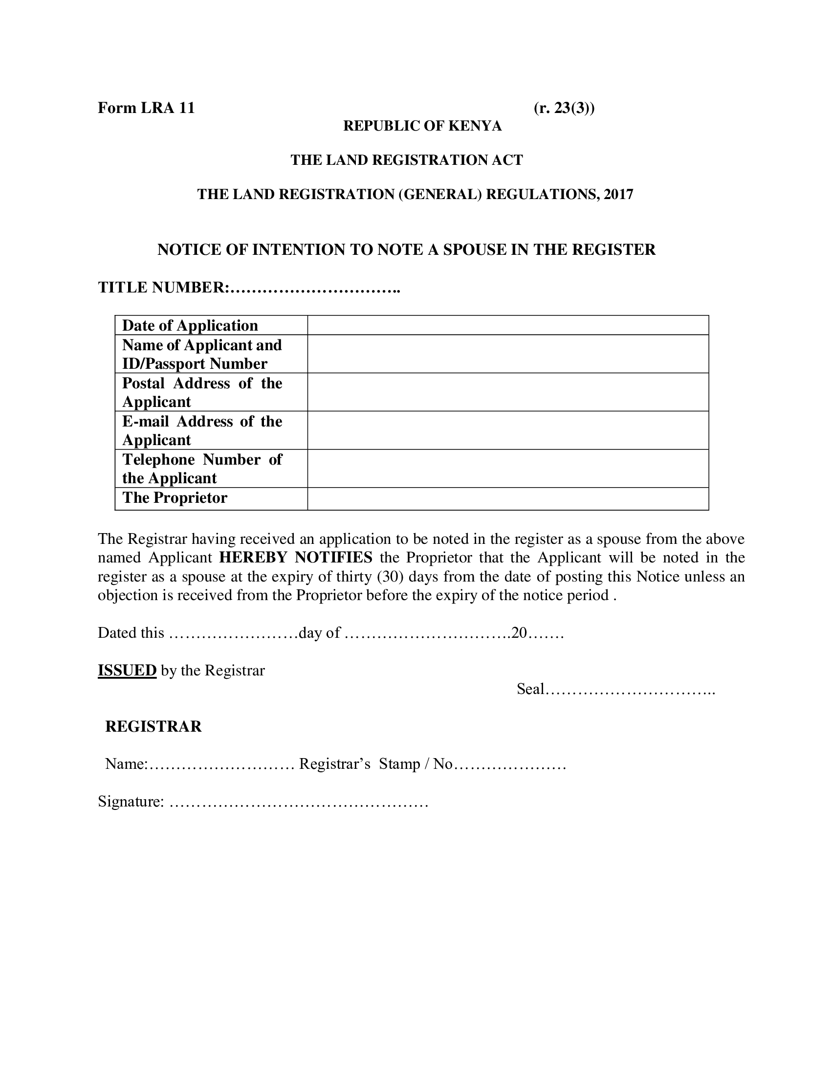 Form LRA 11 – Notice of Intention to Note a Spouse in the Register