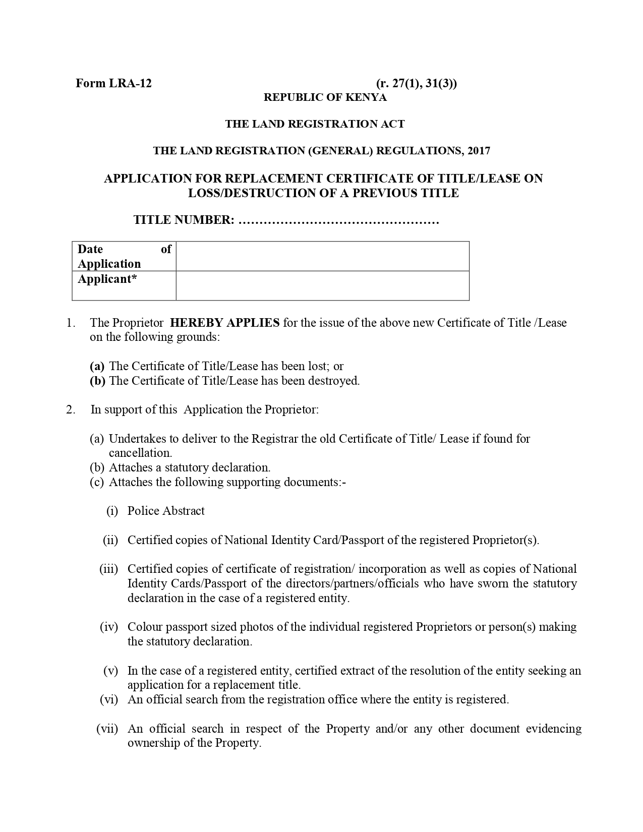 Form LRA 12 – Register of Cautions