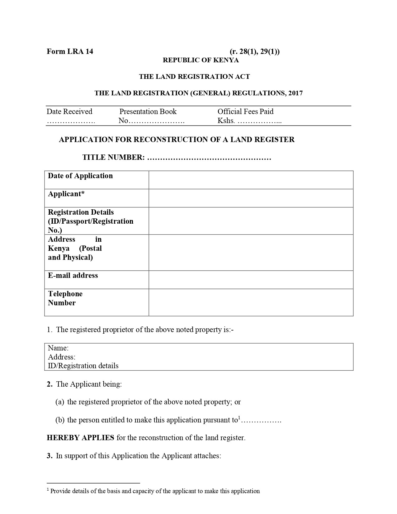 Form LRA 14 – Application for Reconstruction of a Land Register
