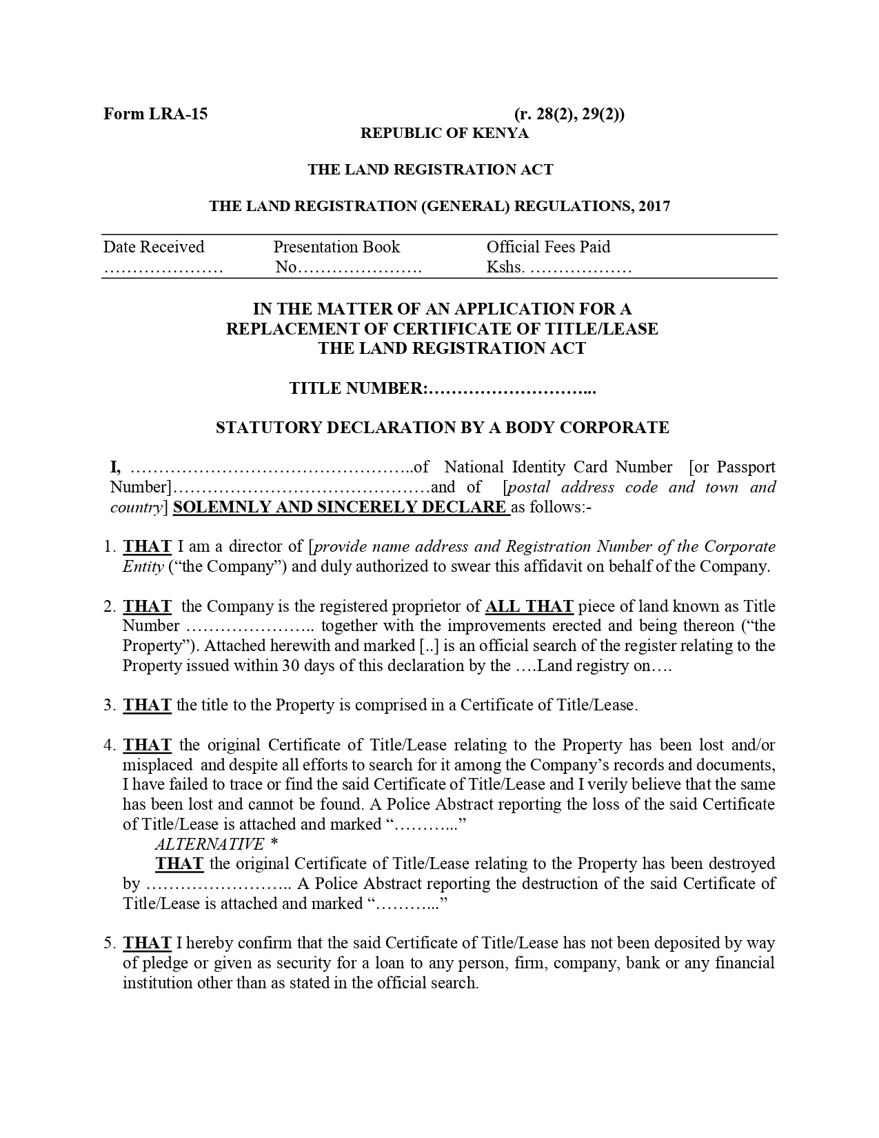 Form LRA 15 – Application for a Replacement of Certificate of Title or Lease
