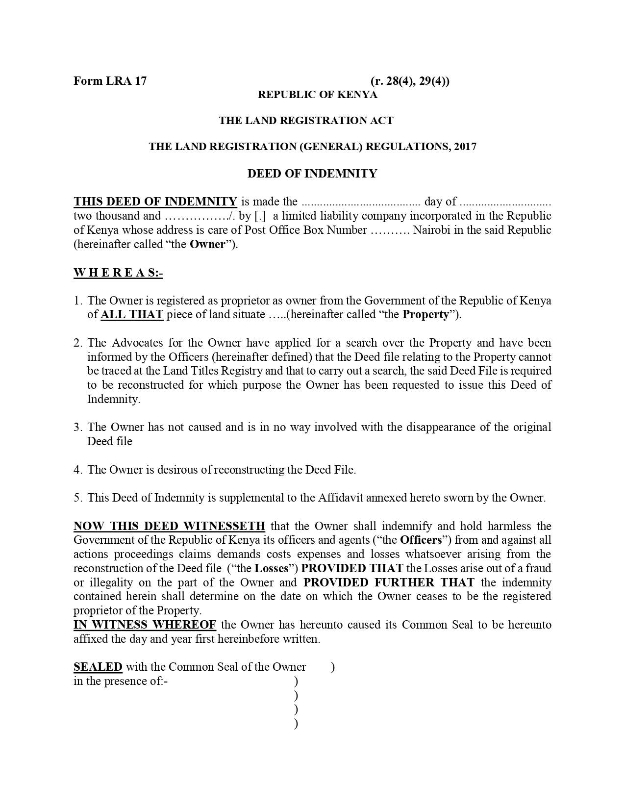 Form LRA 17 – Deed of Indemnity