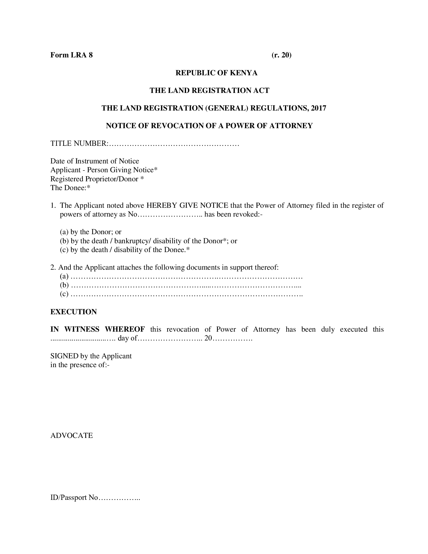 Form LRA 8 – Notice of Revocation of Power of Attorney