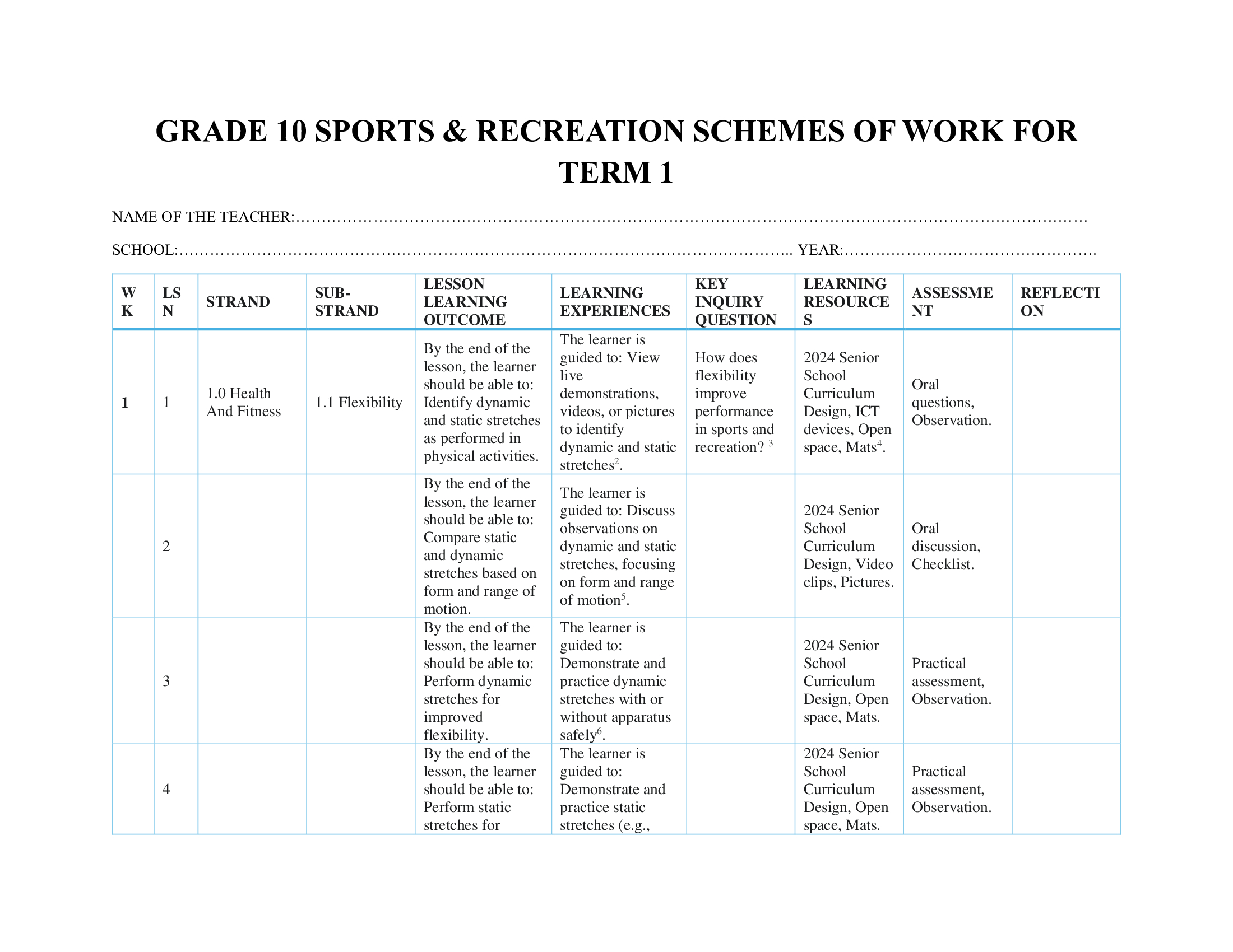 Grade 10 Sports and Recreation Schemes of Work Term 1