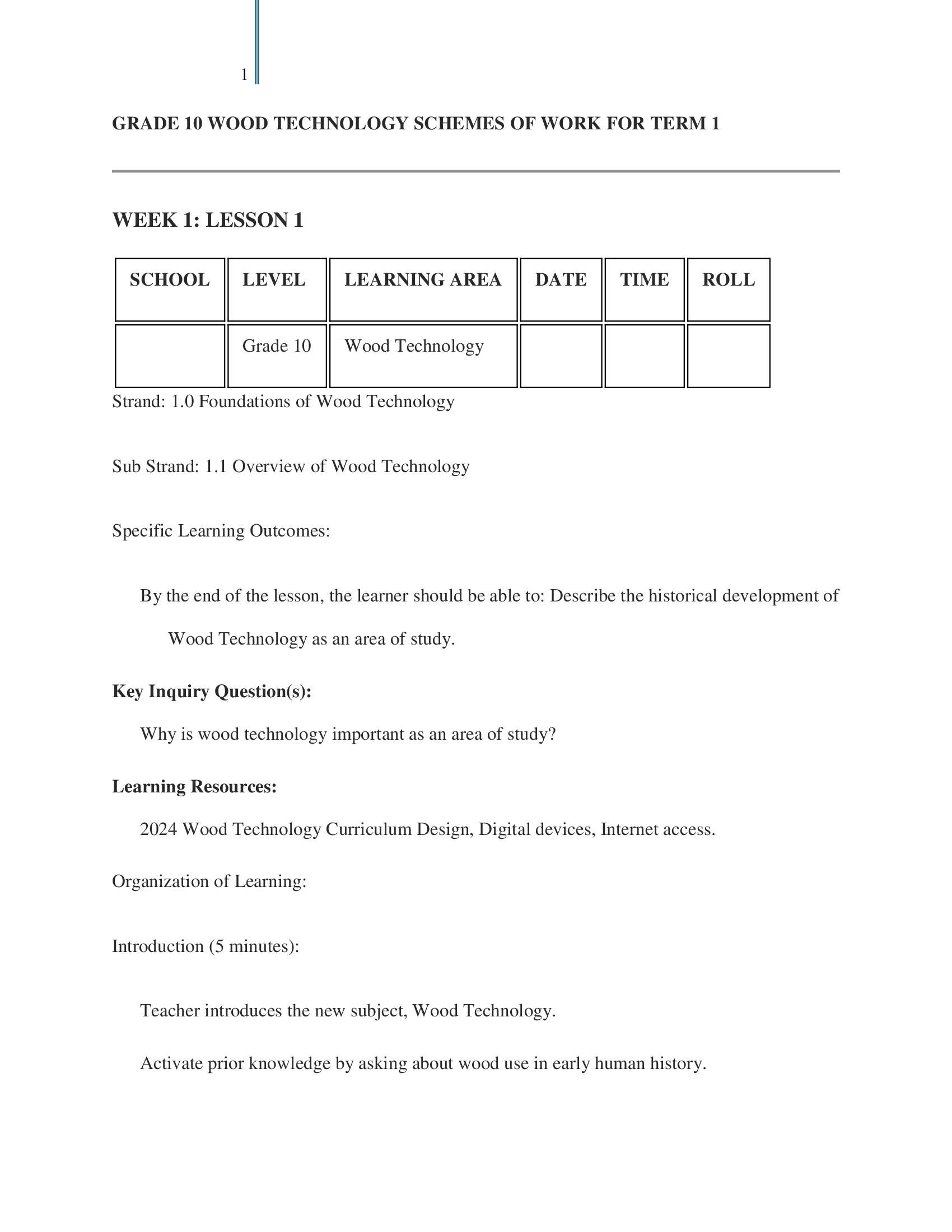 Grade 10 Wood Technology Lesson Plans Term 1