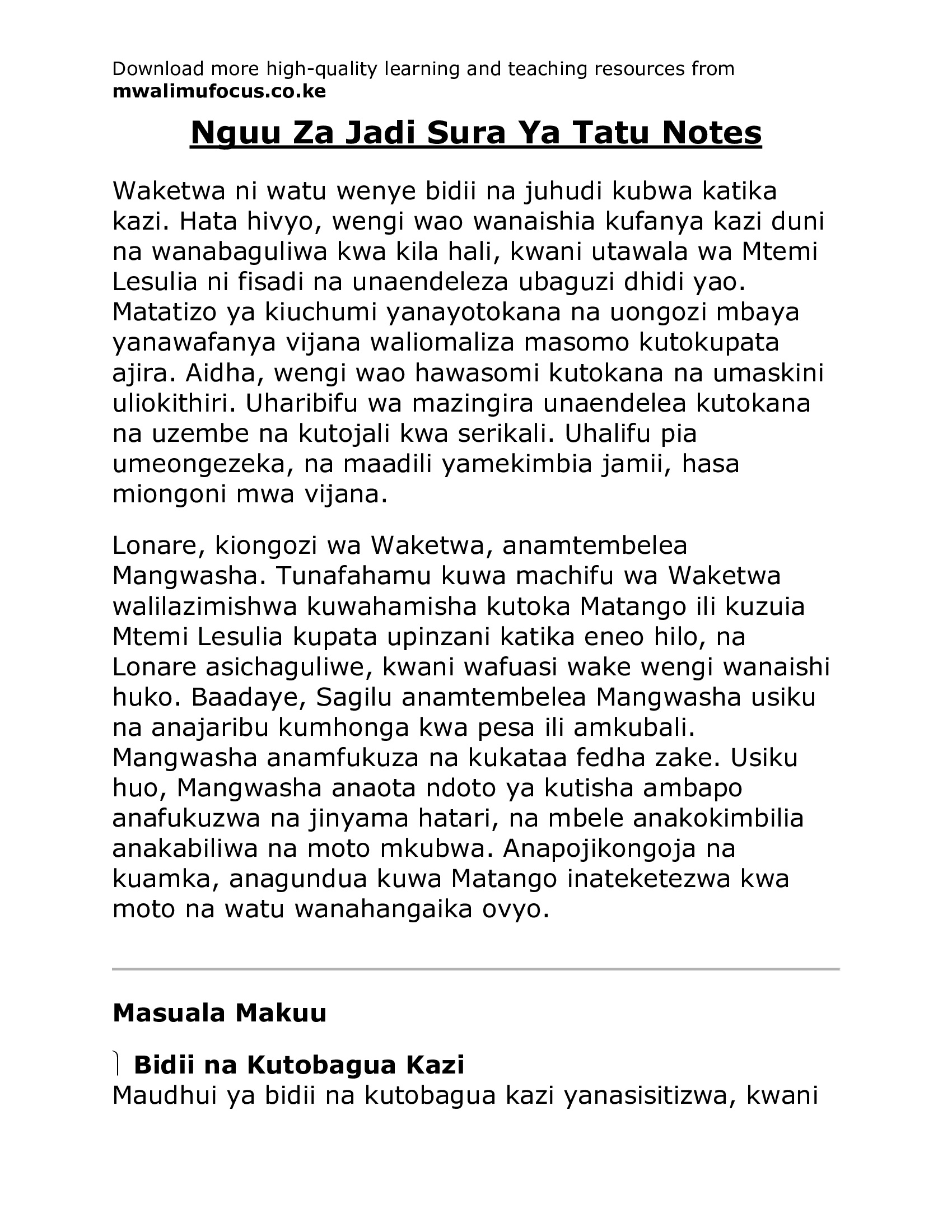 Nguu Za Jadi Sura Ya Tatu Notes