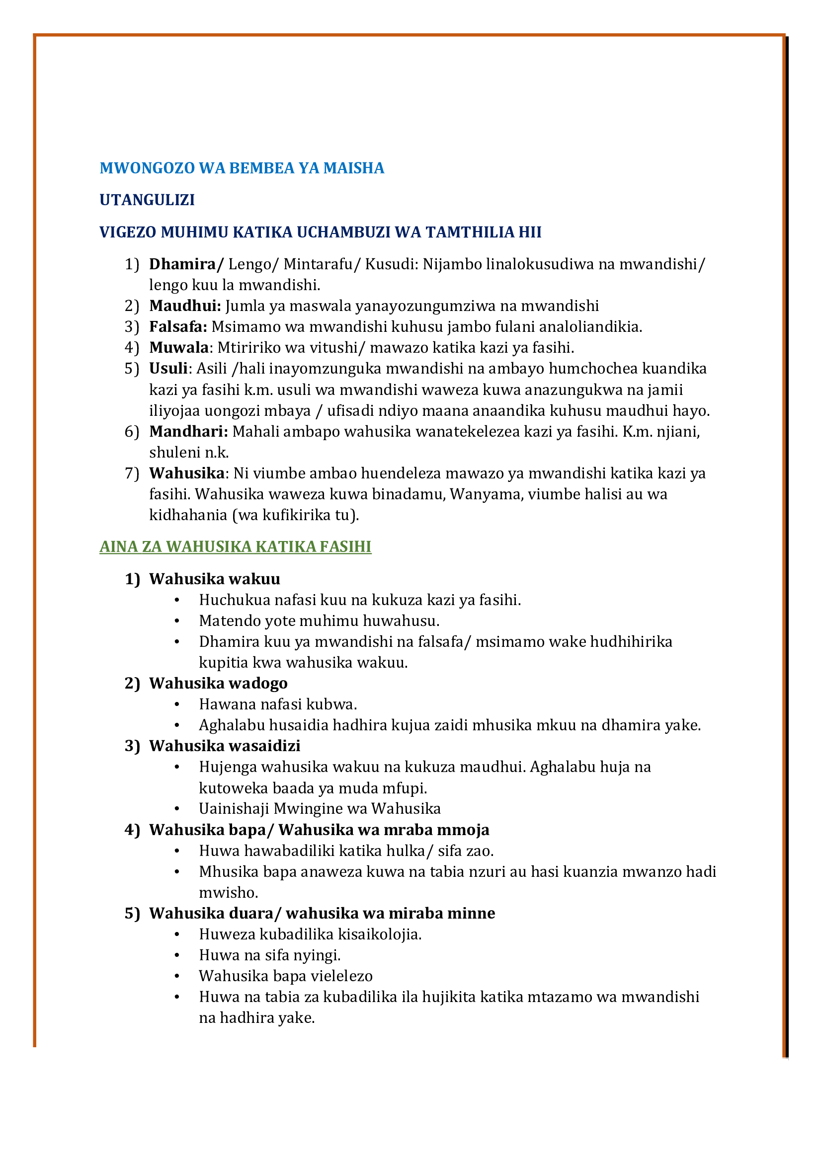 Bembea ya Maisha Summary Notes