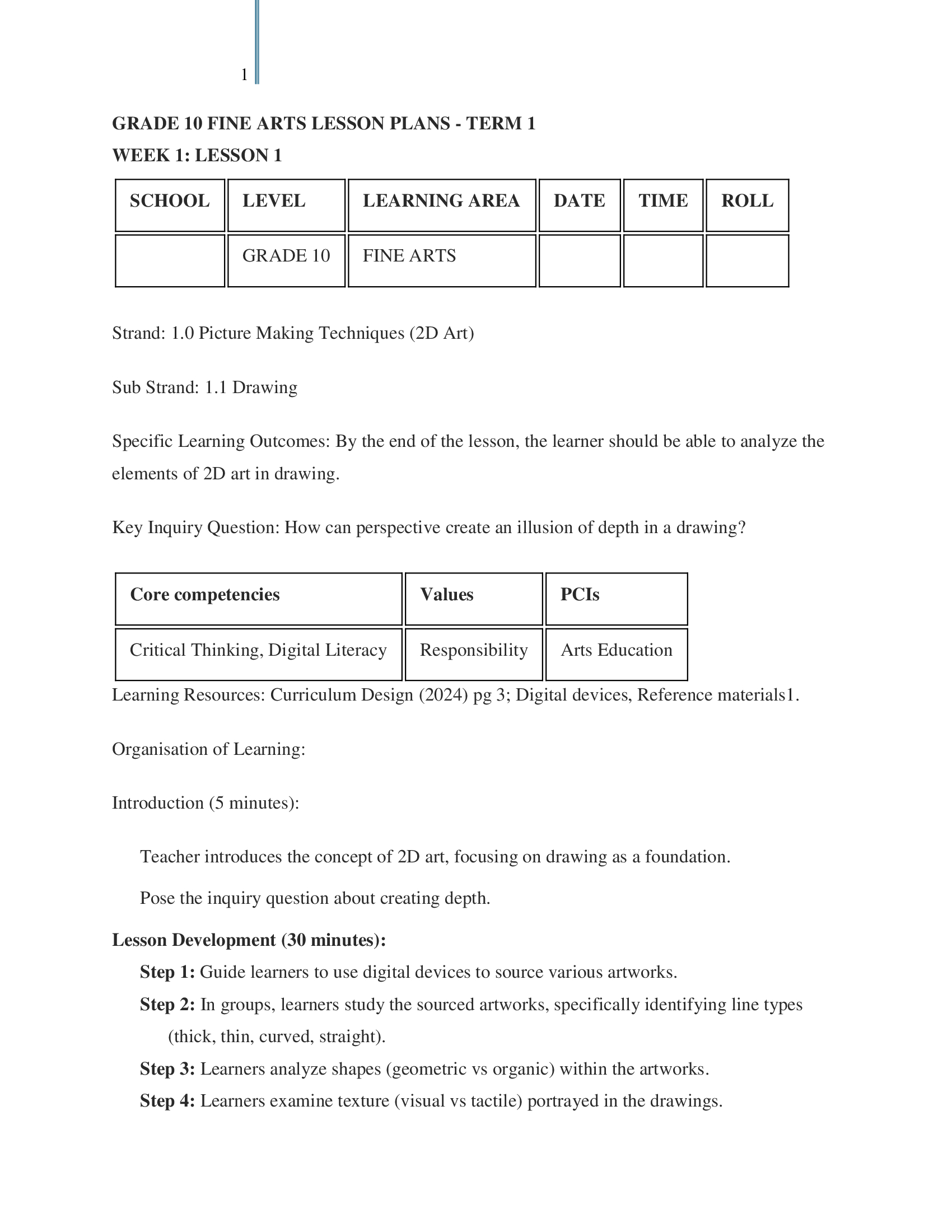 Grade 10 Fine Arts Lesson Plans Term 1