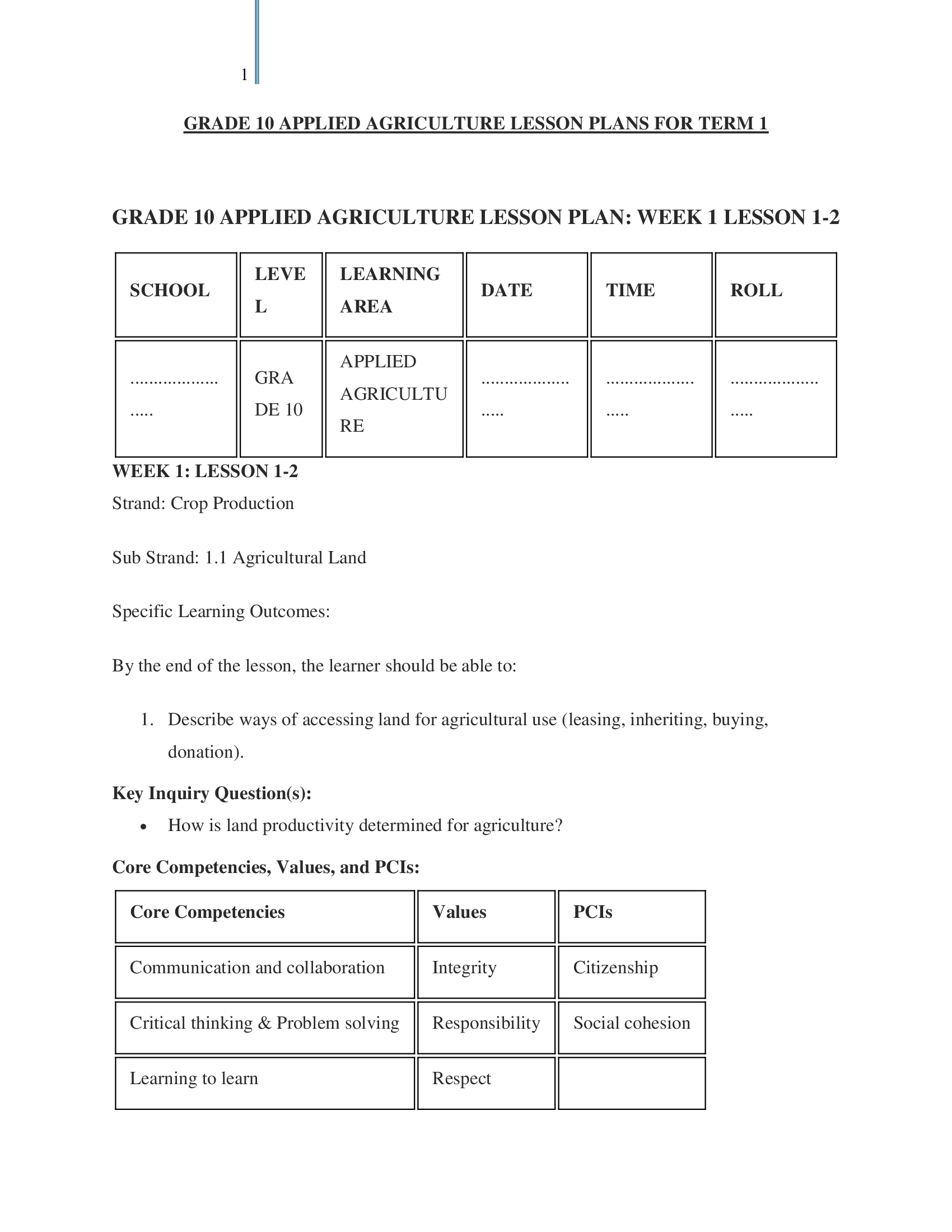 Grade 10 Applied Agriculture Lesson Plans Term 1