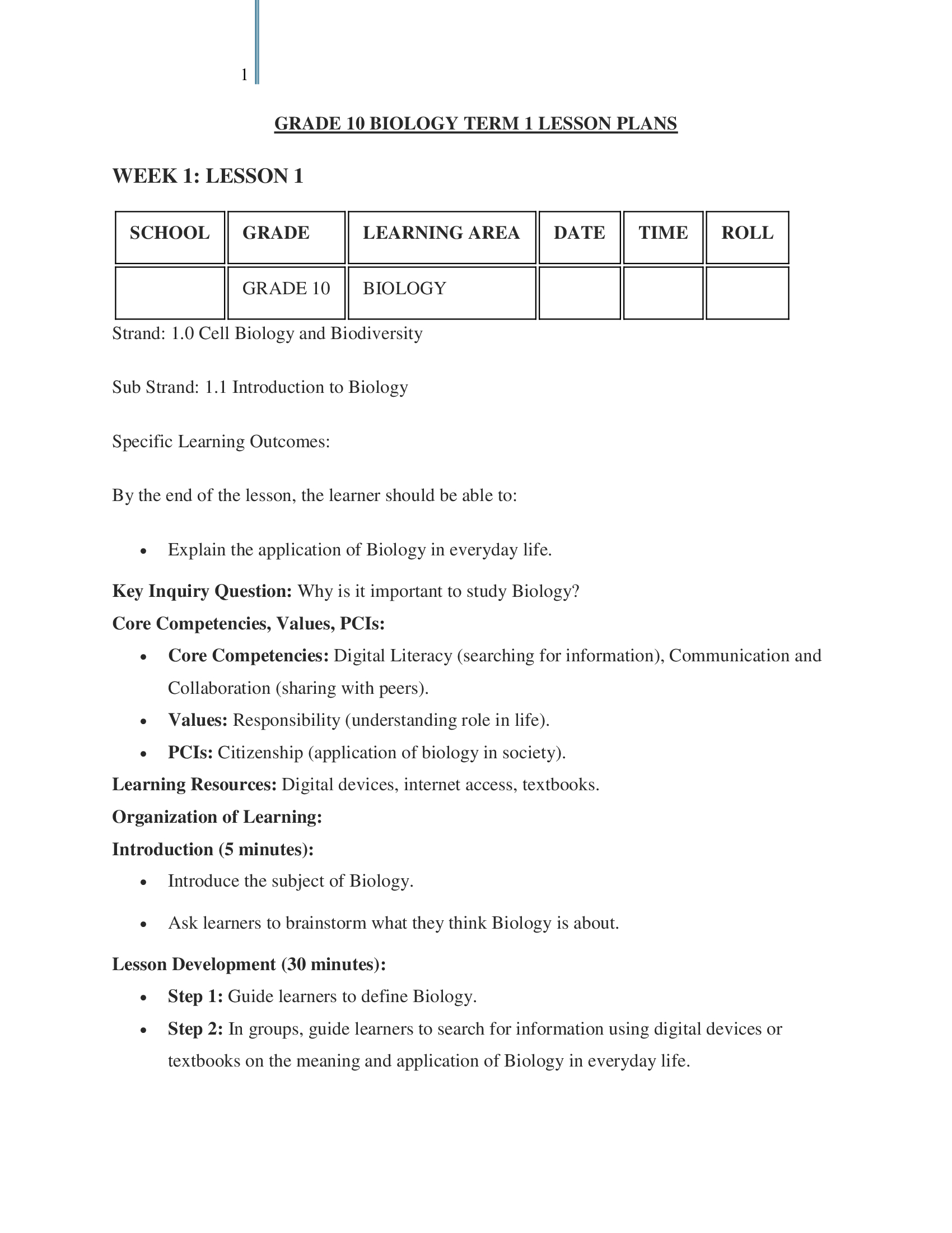 Grade 10 Biology Lesson Plans Term 1