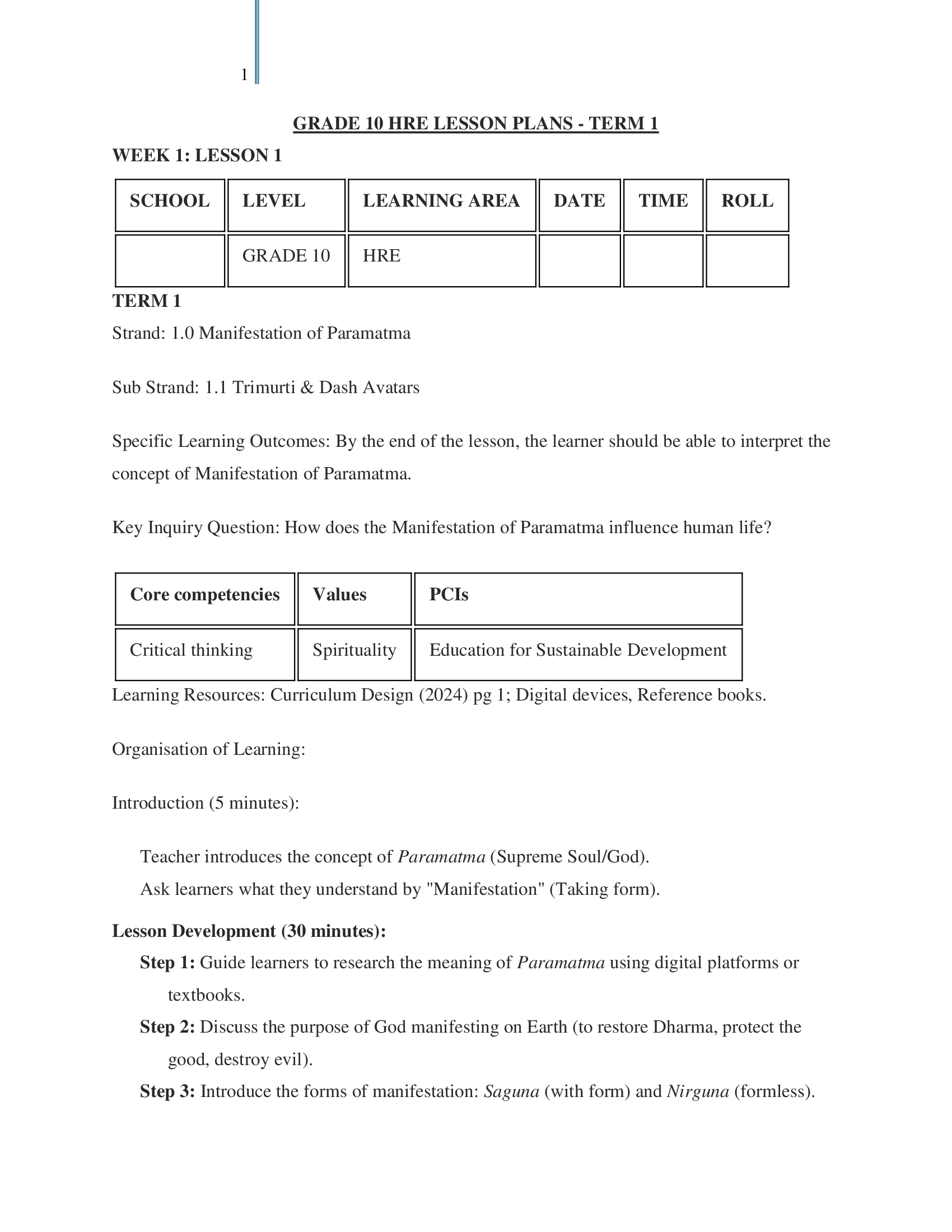 Grade 10 HRE Lesson Plans Term 1
