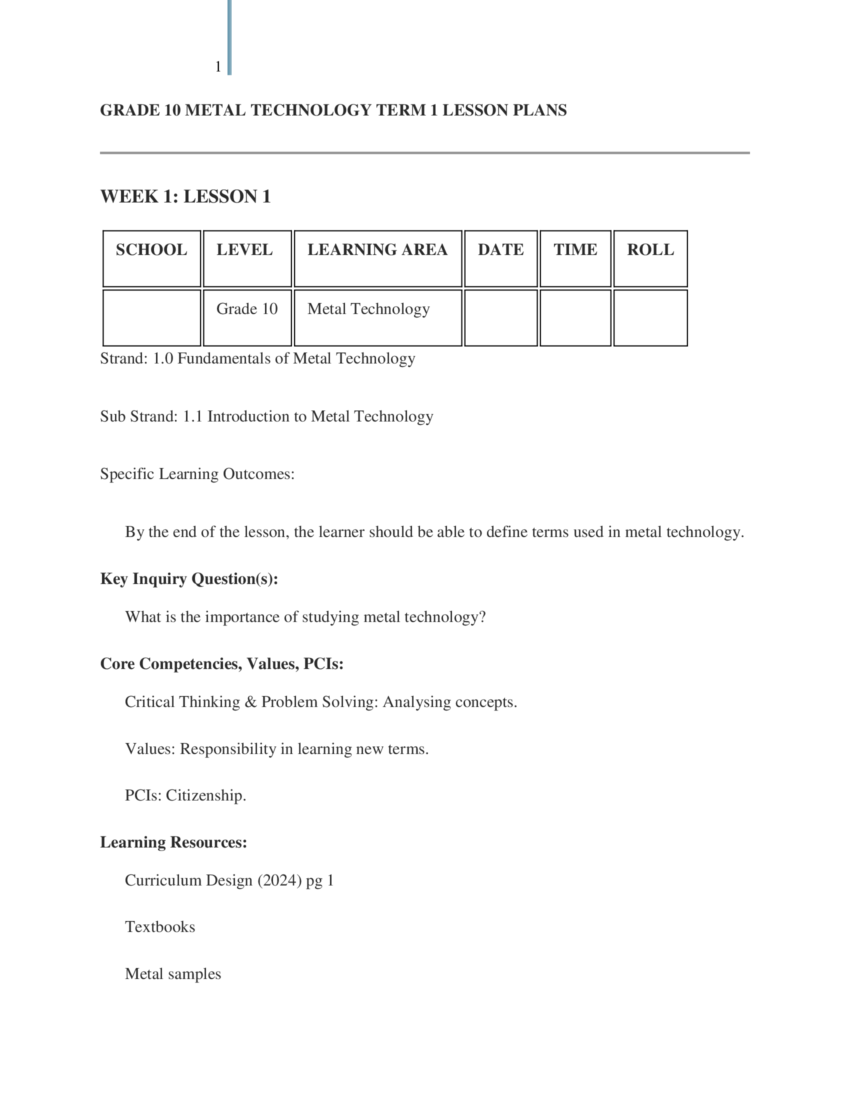 Grade 10 Metal Technology Lesson Plans Term 1
