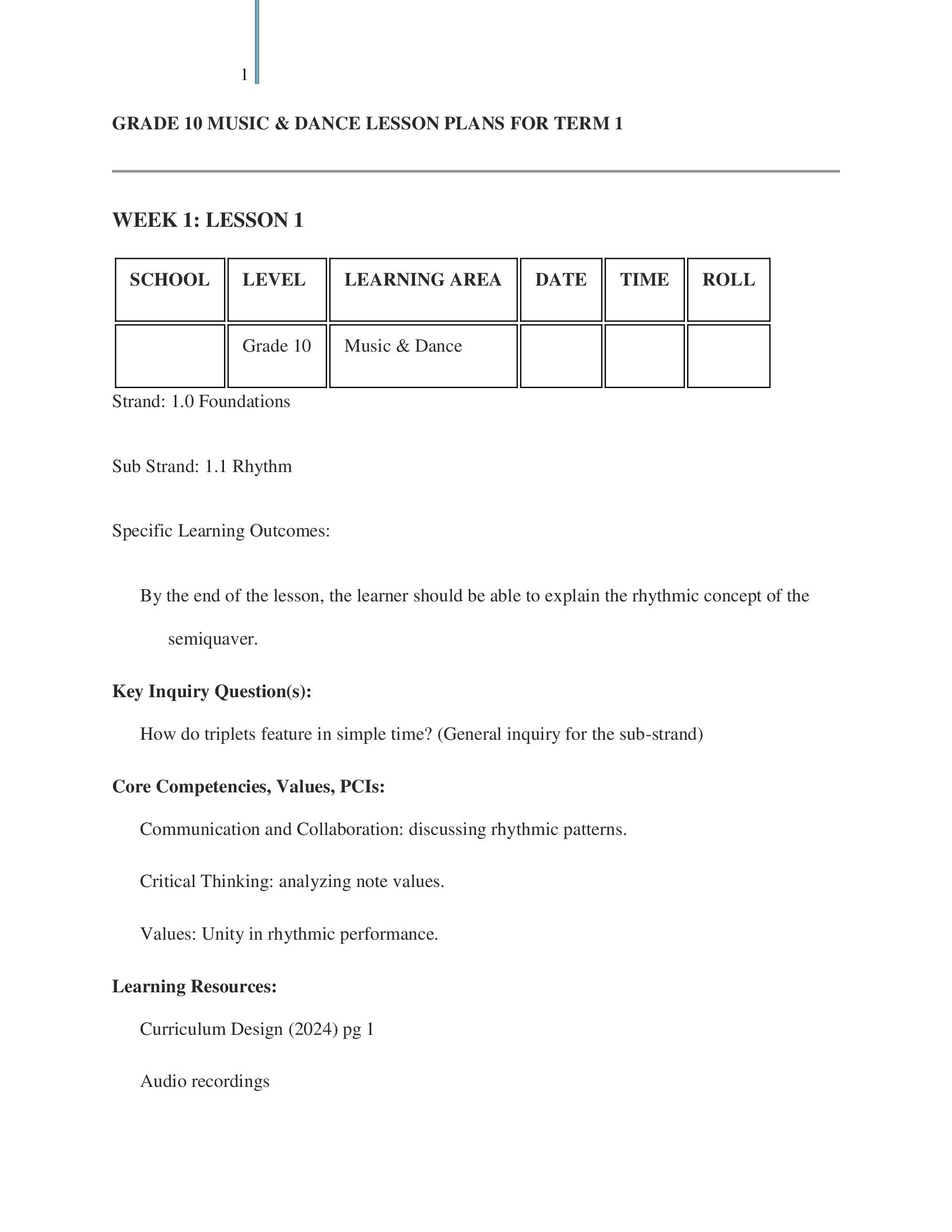 Grade 10 Music and Dance Lesson Plans Term 1