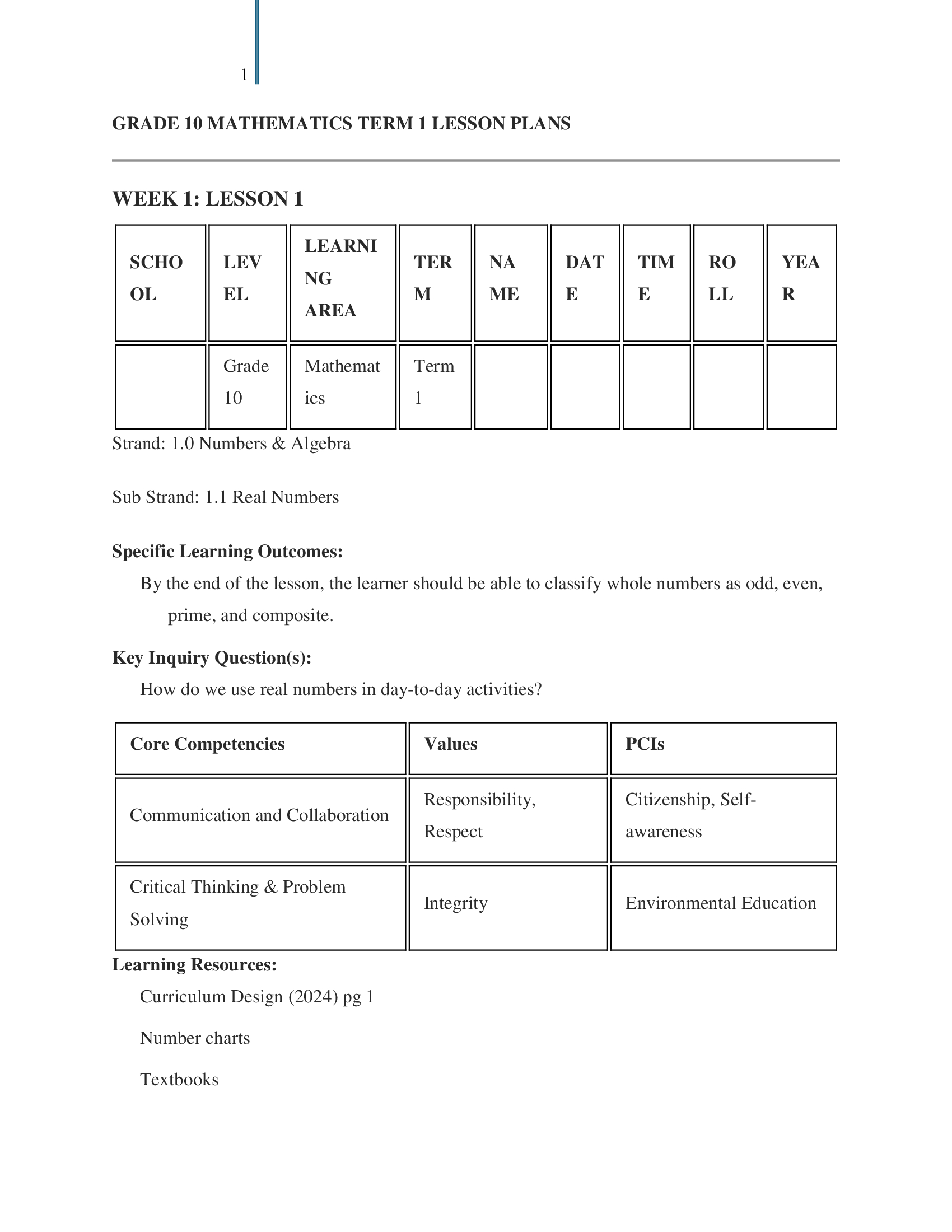 Grade 10 Mathematics Lesson Plans for Term 1