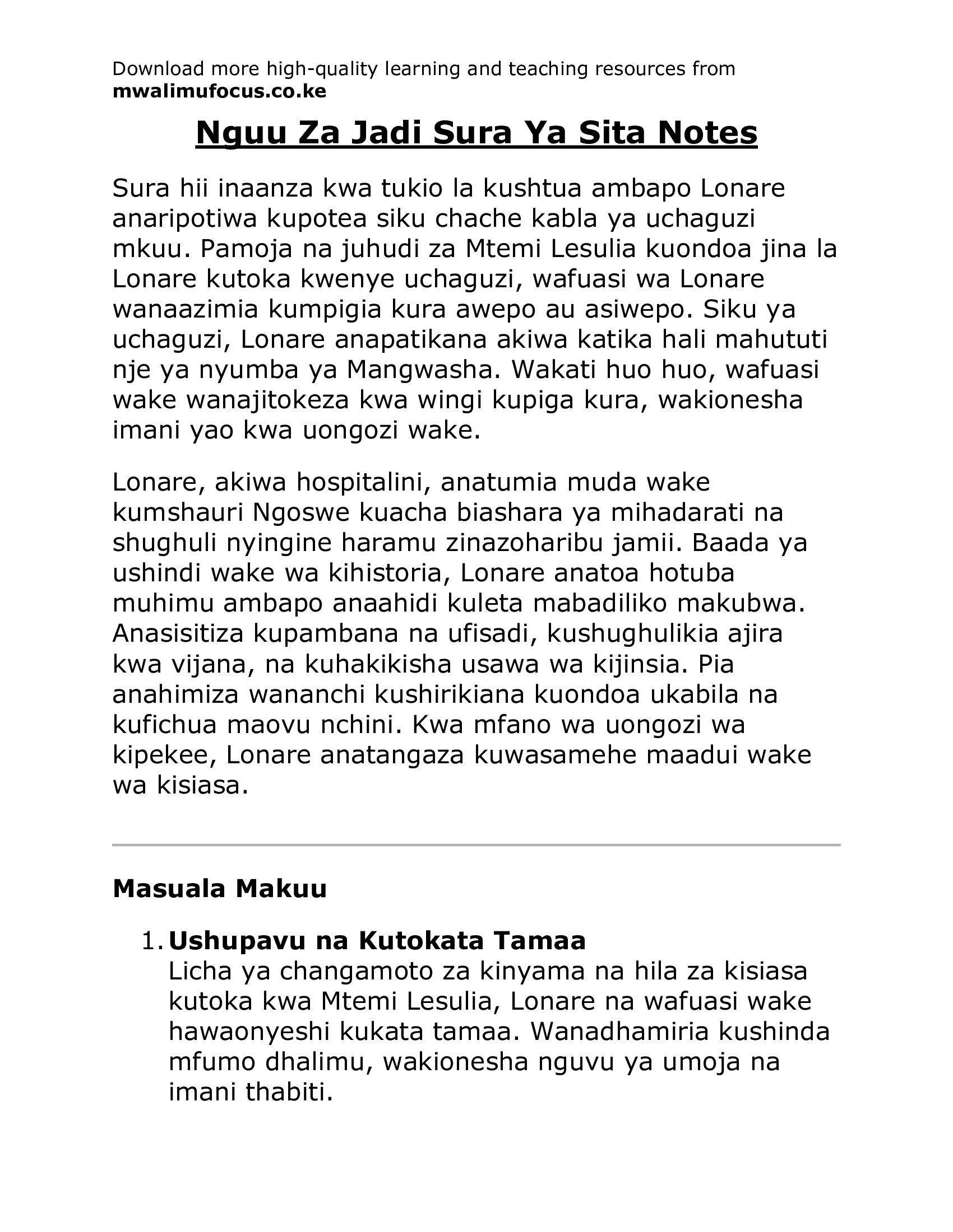 Nguu Za Jadi Sura Ya Sita Notes