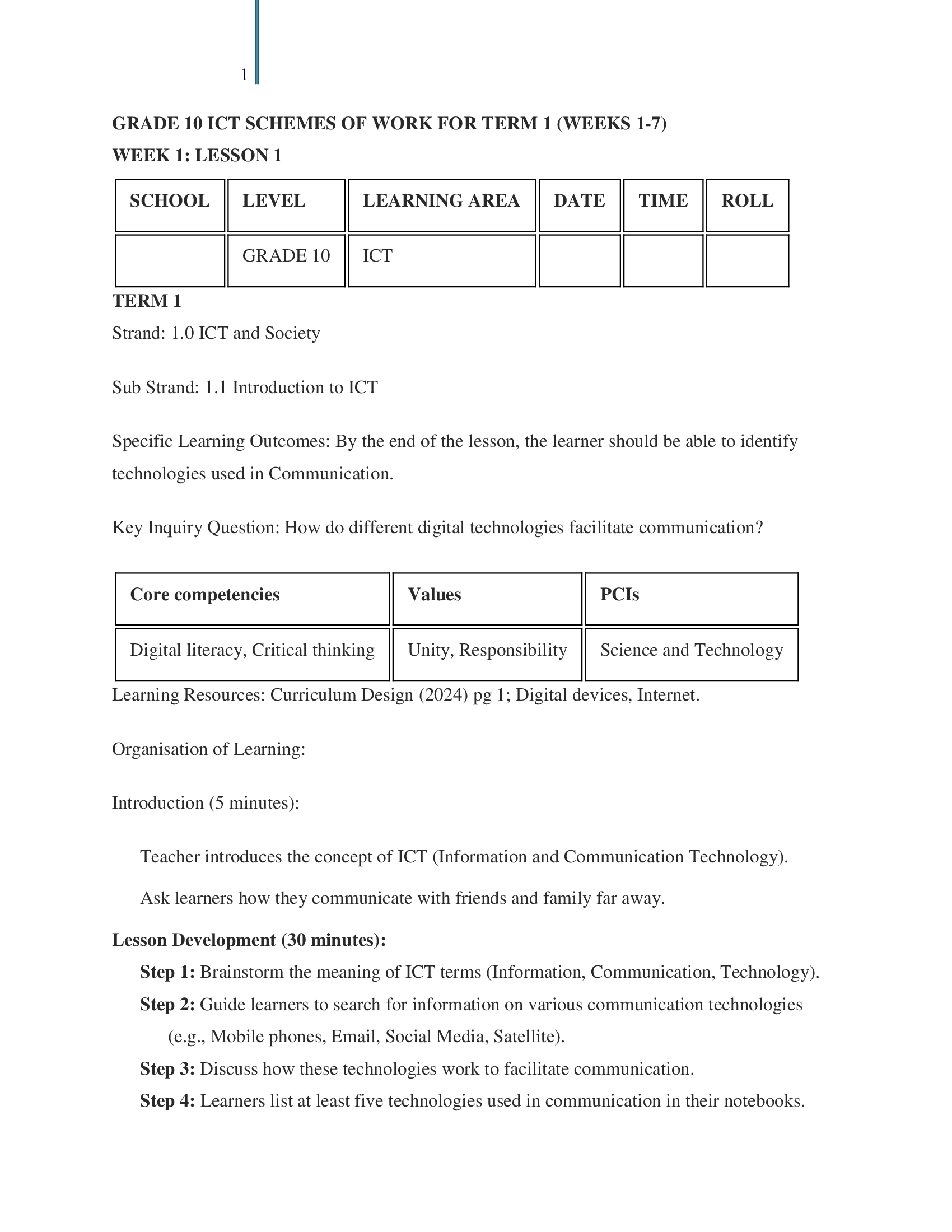 Grade 10 Information and Communication Technology Lesson Plans for Term 1
