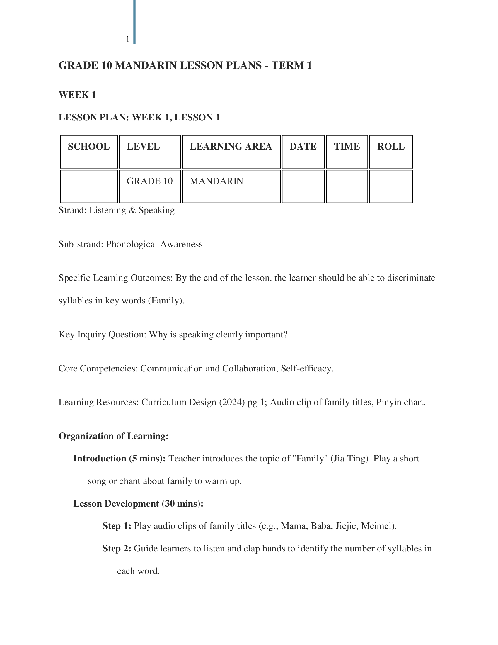 Grade 10 Mandarin Lesson Plans Term 1