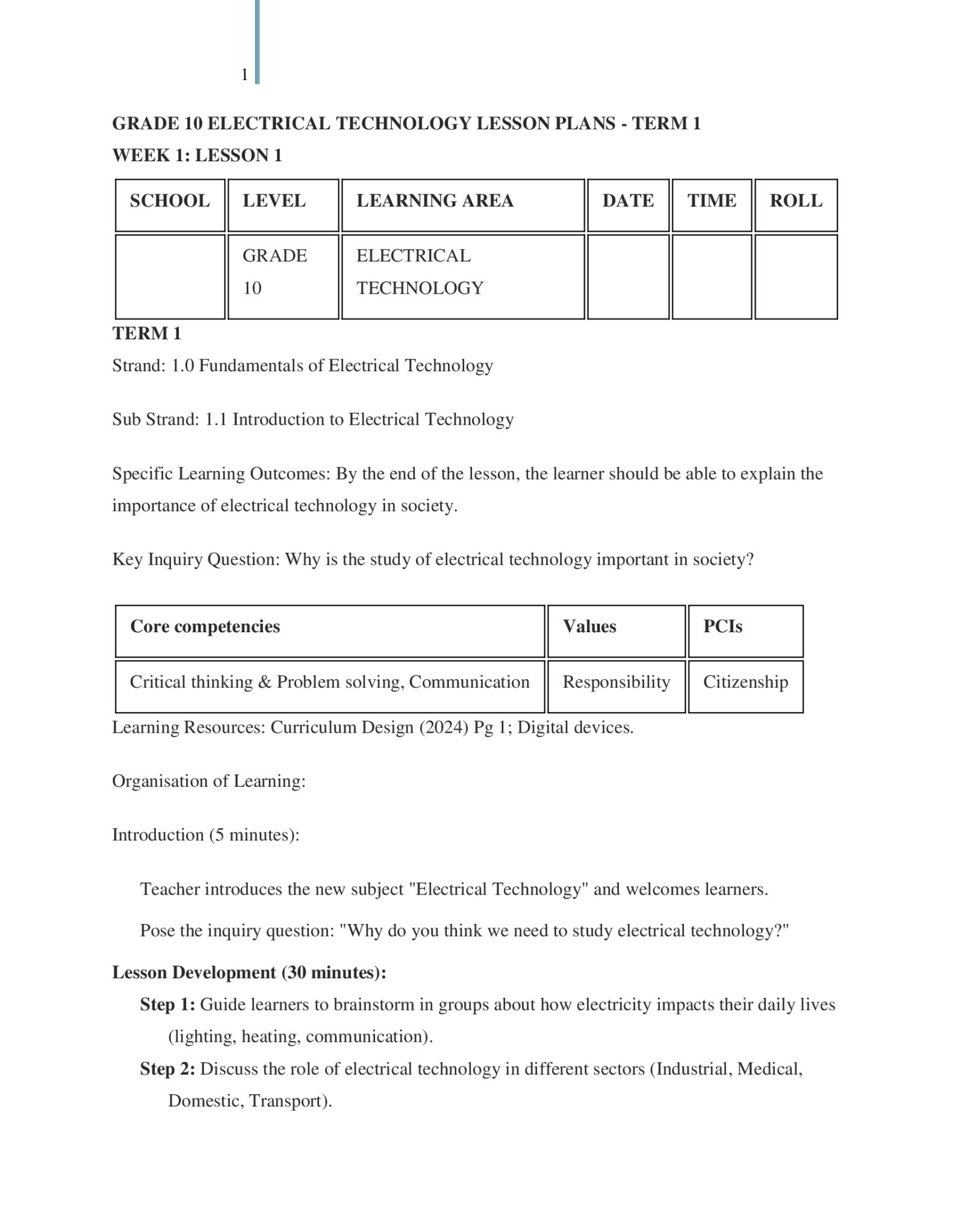 Grade 10 Electrical Technology Lesson Plans Term 1 - Elimplex