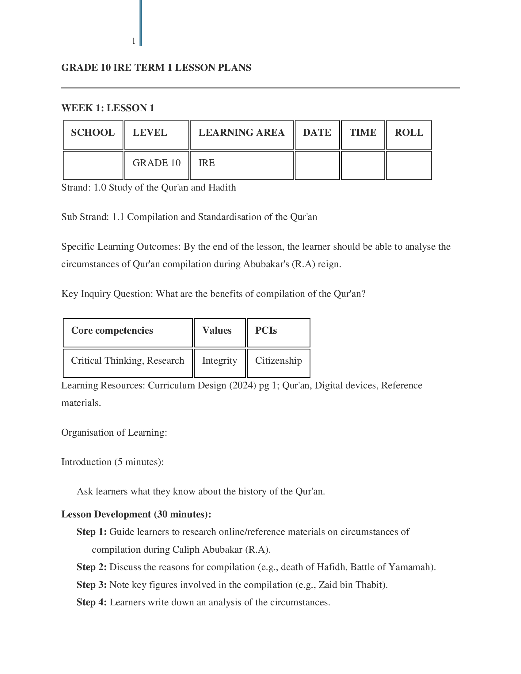 Grade 10 IRE Lesson Plans Term 1