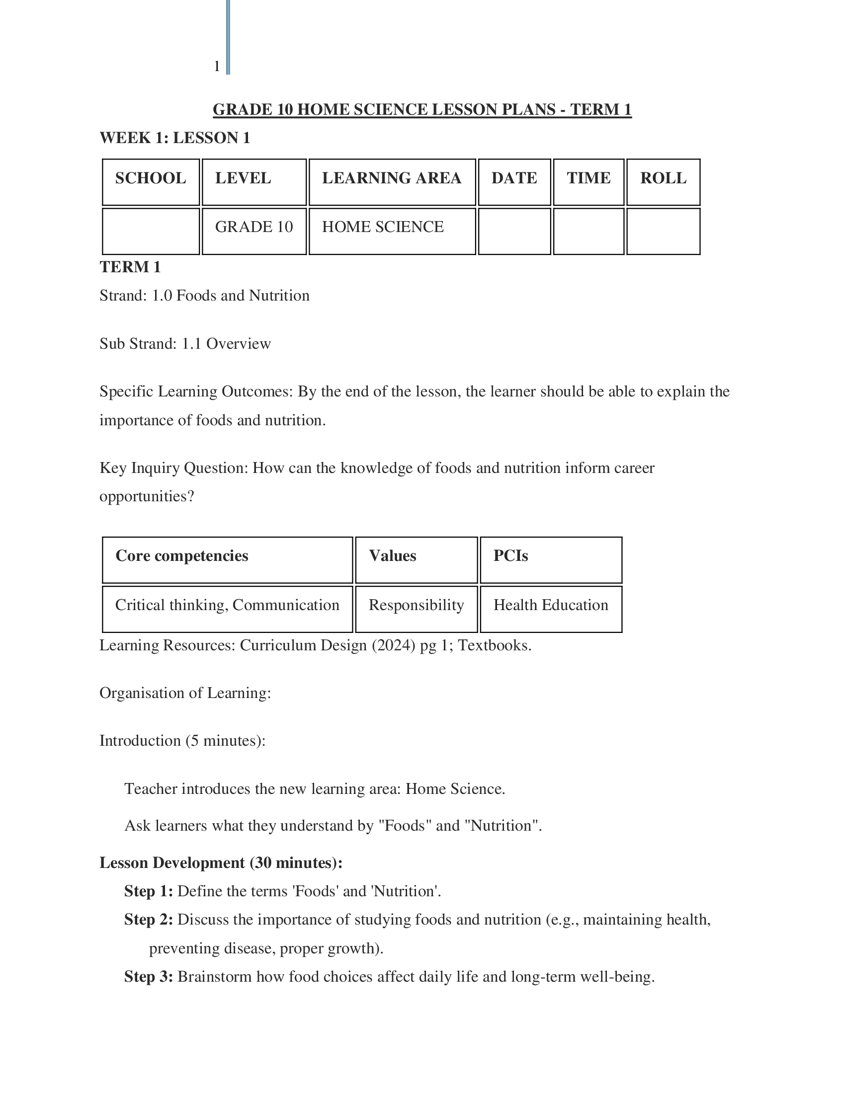 Grade 10 Home Science Lesson Plans Term 1