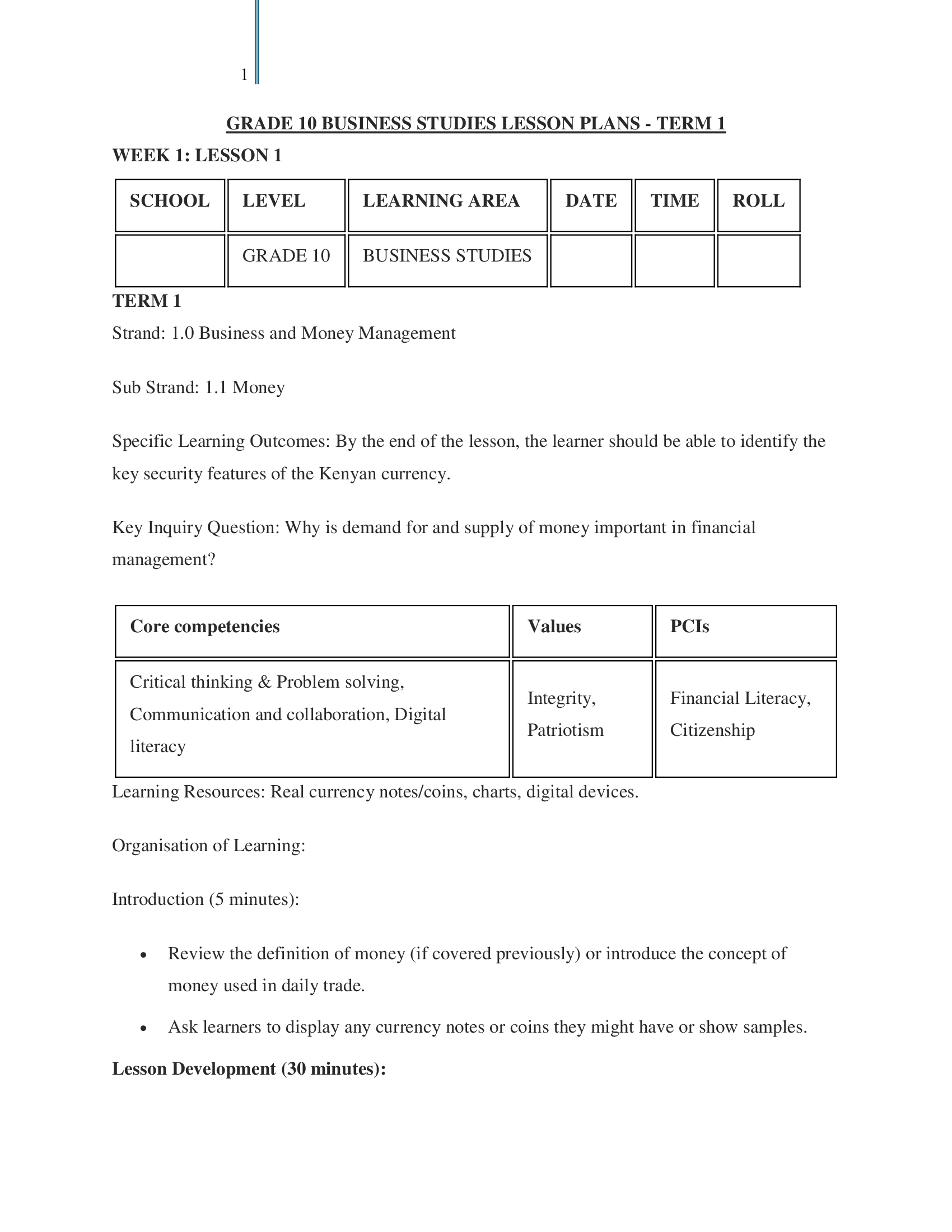 Grade 10 Business Studies Lesson Plans Term 1