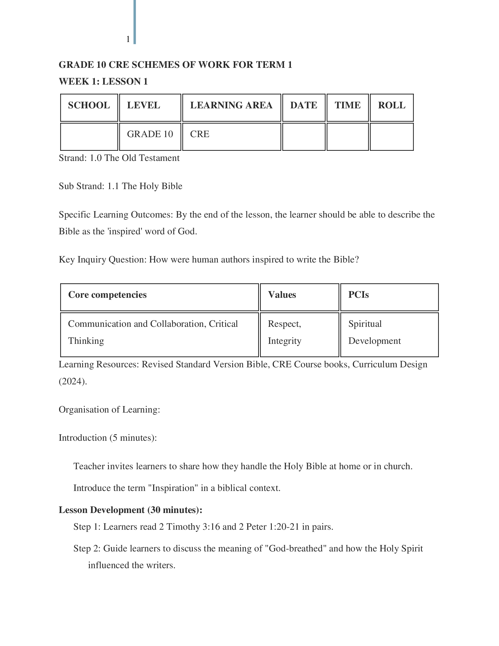Grade 10 CRE Lesson Plans Term 1
