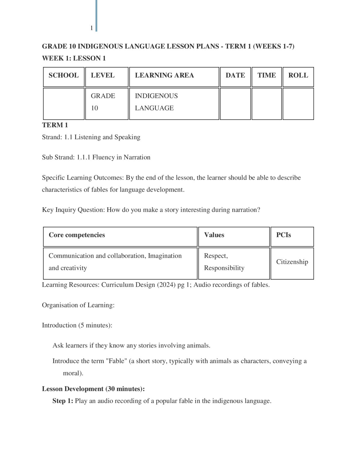 Grade 10 Indigenous Language Lesson Plans Term 1 - Elimplex